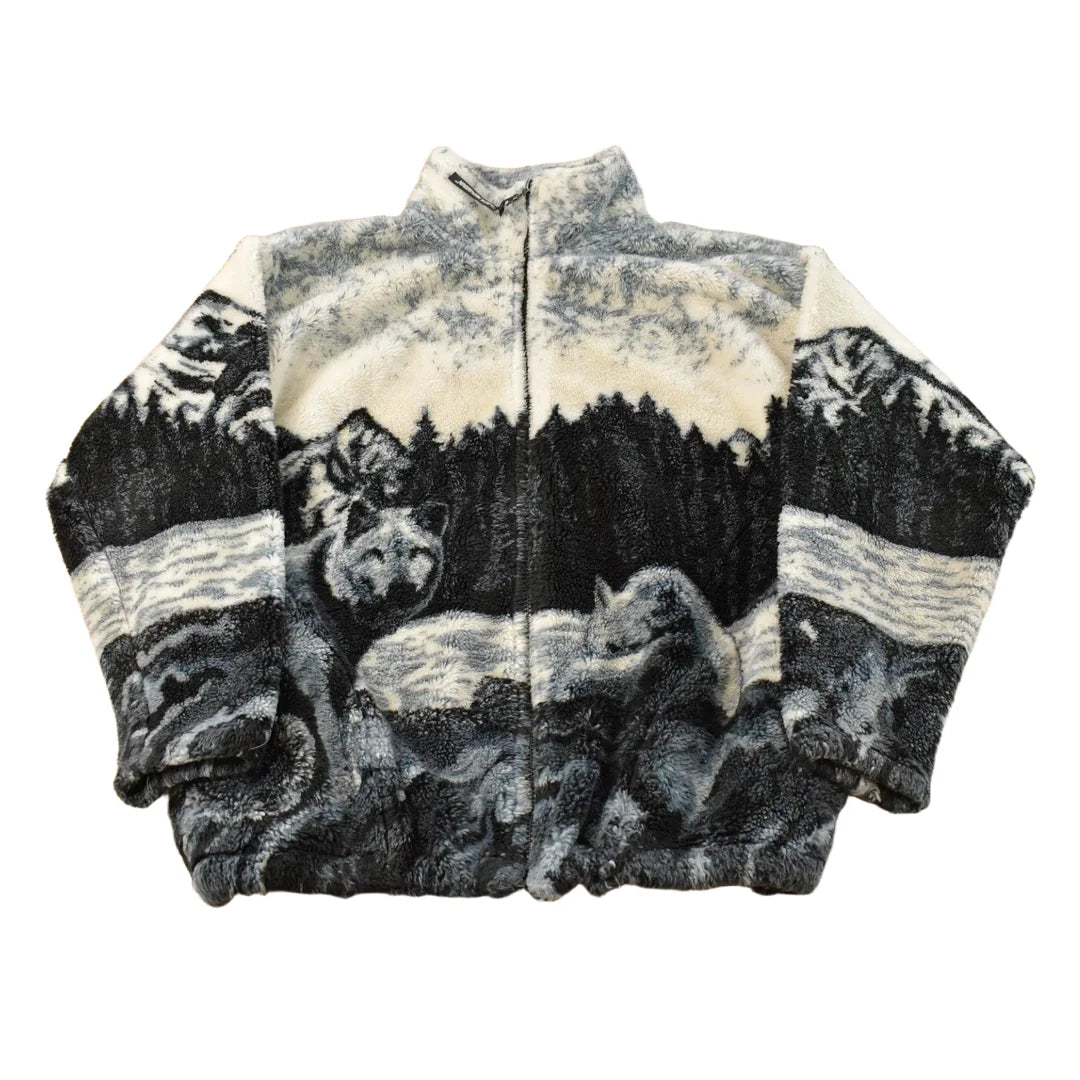 Vintage 1990s Black Mountain Wolf Theme All Over Print Zip Up Fleece Sweater Men's M from propervintagecanada