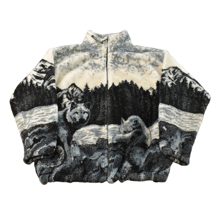 Vintage 1990s Black Mountain Wolf Theme All Over Print Zip Up Fleece Sweater Men's M from propervintagecanada