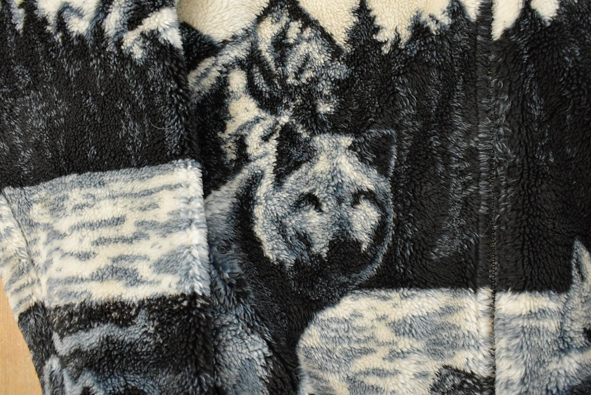 Vintage 1990s Black Mountain Wolf Theme All Over Print Zip Up Fleece Sweater Men's M from propervintagecanada