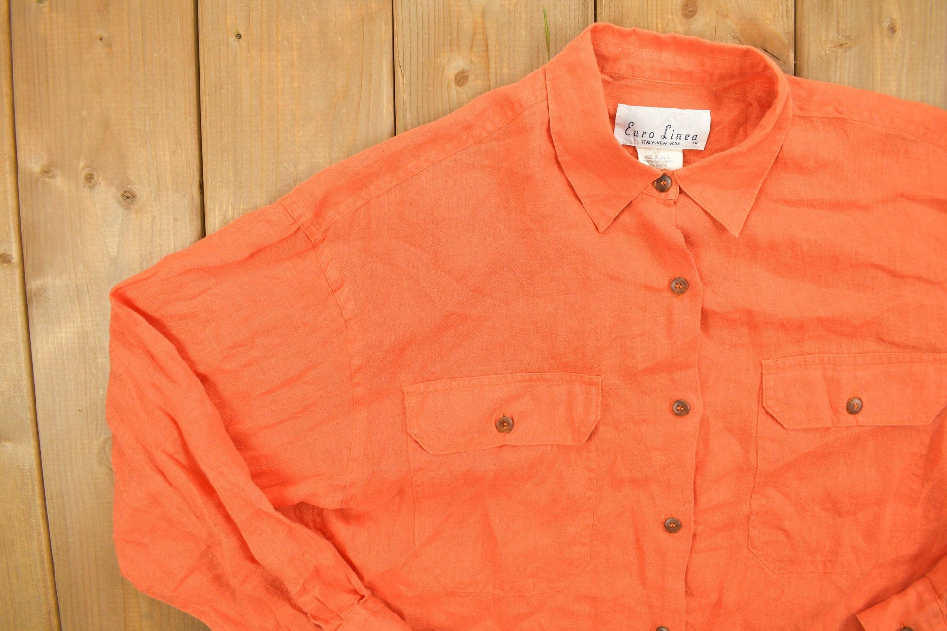 Vintage 1990s Blank Orange Button Up Shirt Women's Large from propervintagecanada