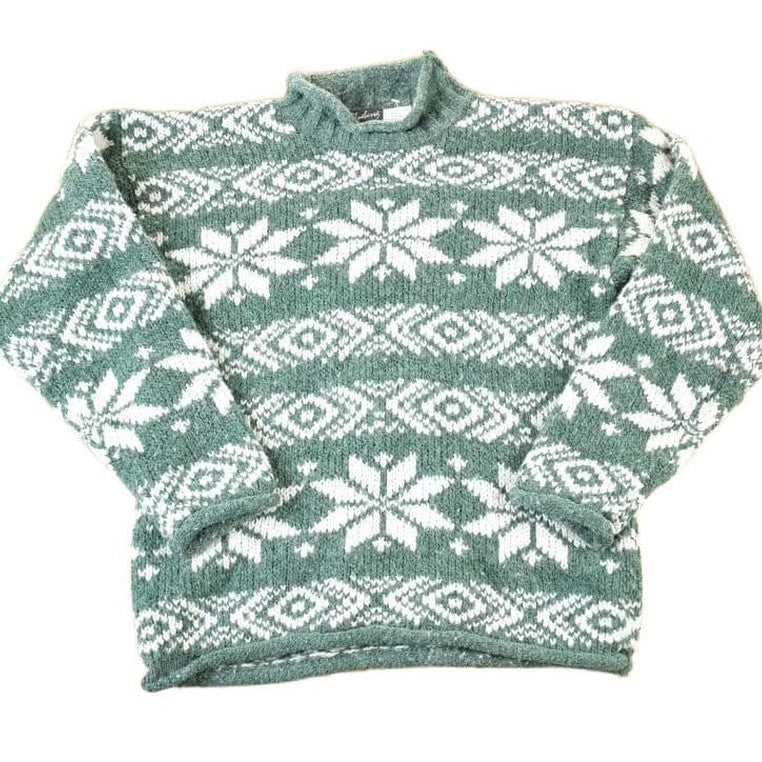Vintage 1990s Blueberry Hill Chunky Knit Snowflake Pattern AOP Crewneck Sweater Women's M from propervintagecanada