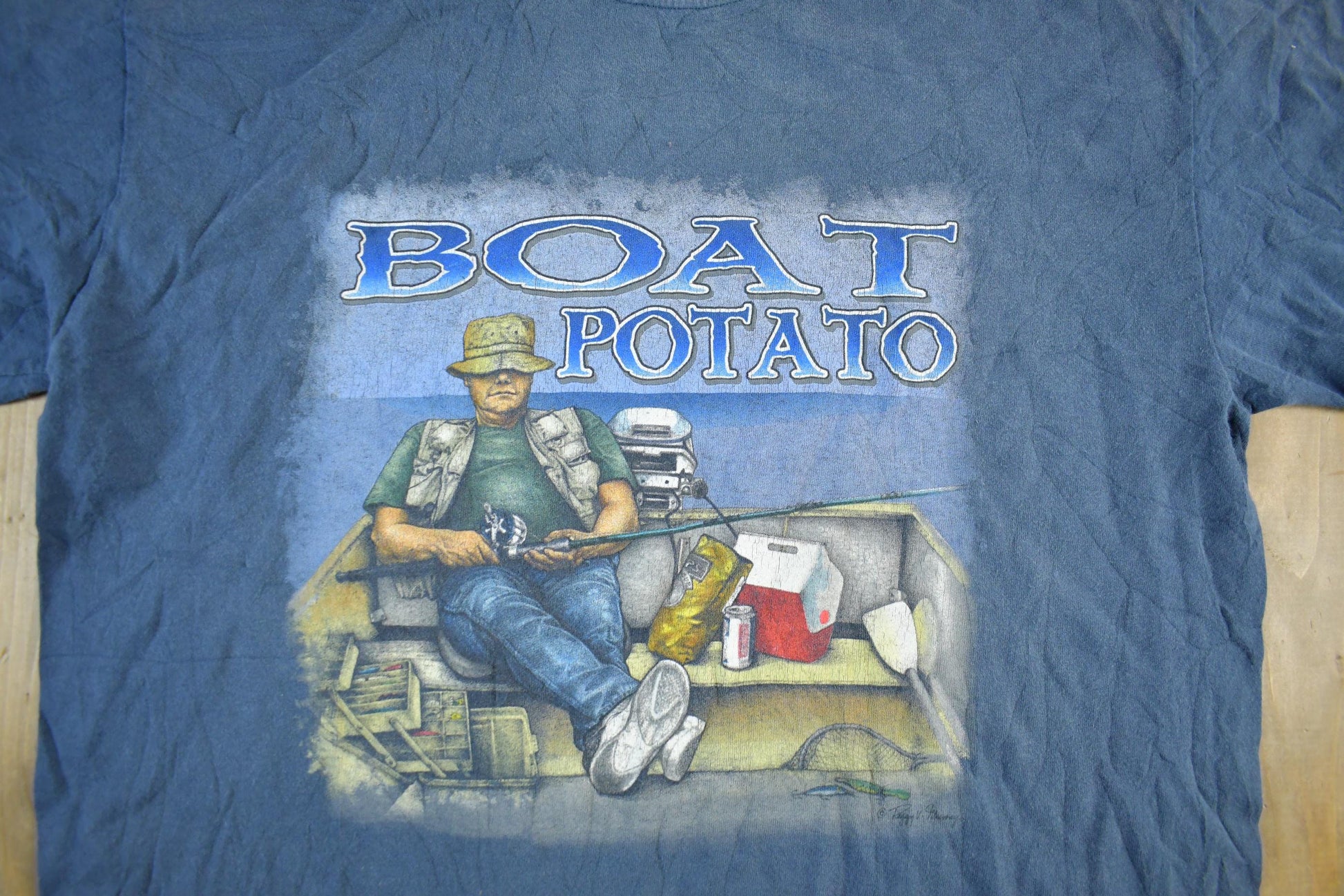Vintage 1990s Boat Potato Fishing Graphic Fisherman T-Shirt Men's Large from propervintagecanada