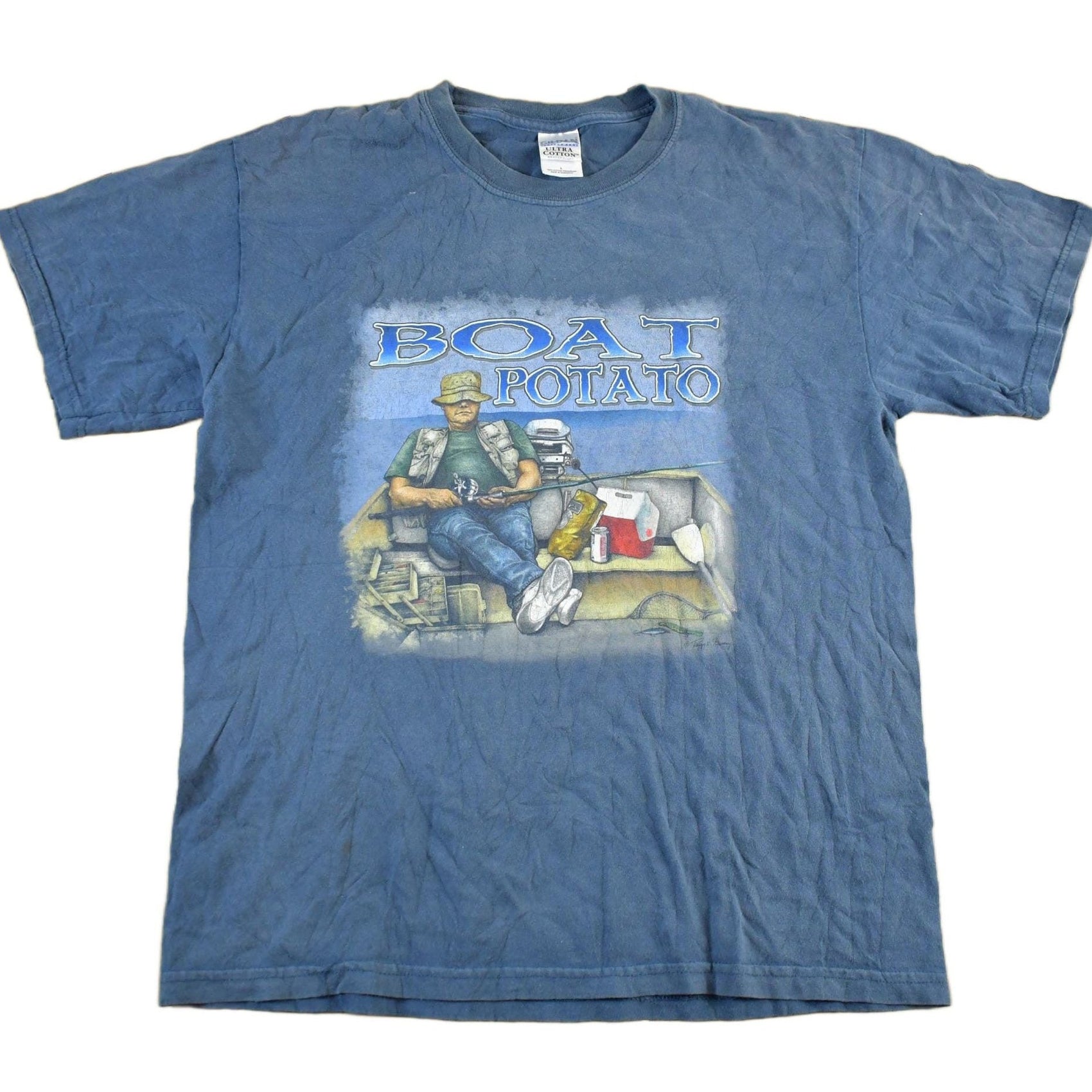 Vintage 1990s Boat Potato Fishing Graphic Fisherman T-Shirt Men's Large from propervintagecanada