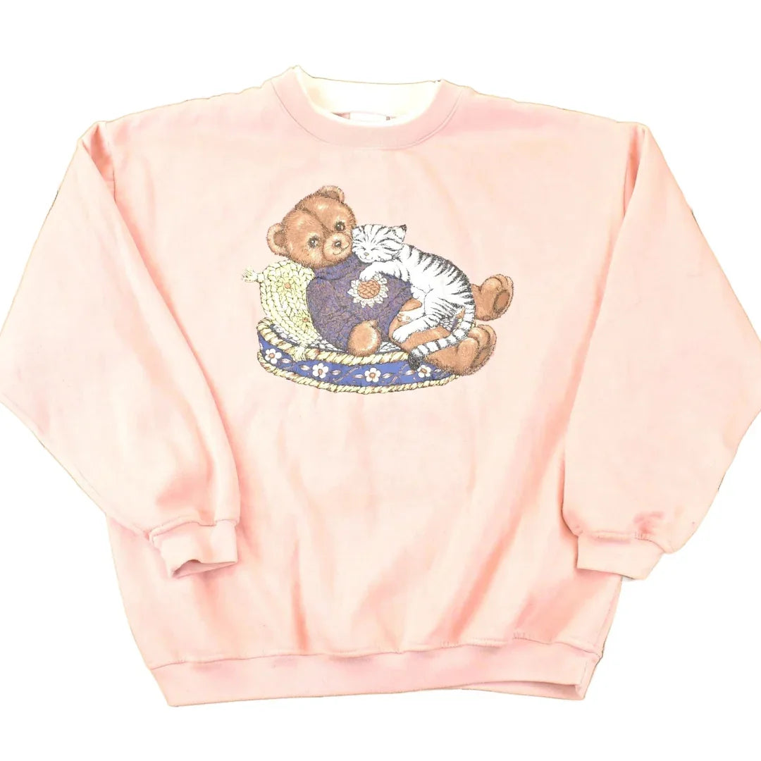Vintage 1990s Bobbie Brooks Cute Teddy Bear Double Collar Crewneck Sweatshirt Women's XL / 90's Kitty Cat Destination Sweater from propervintagecanada