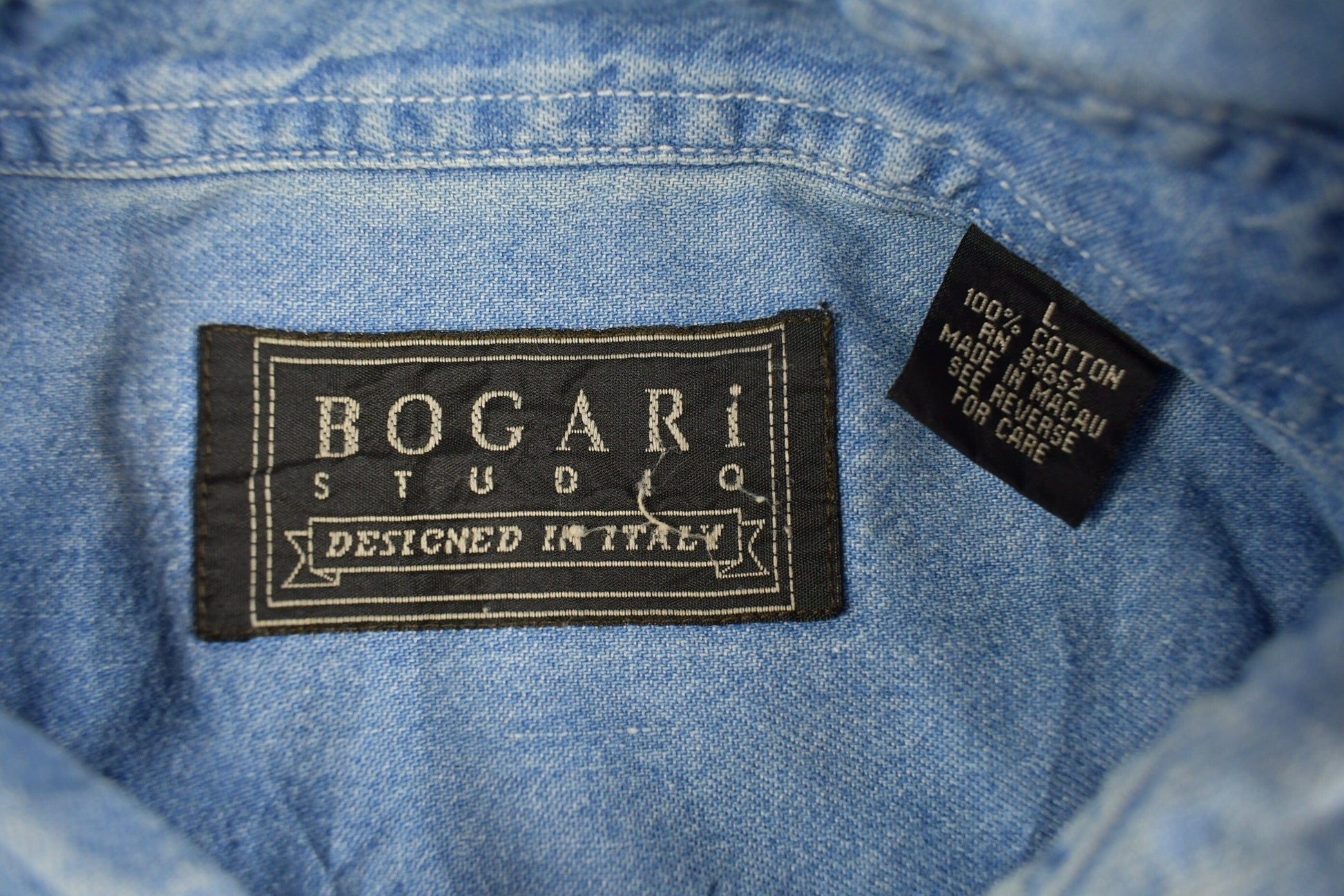Vintage 1990s Bogari Denim Button Up Shirt Men's Large from propervintagecanada