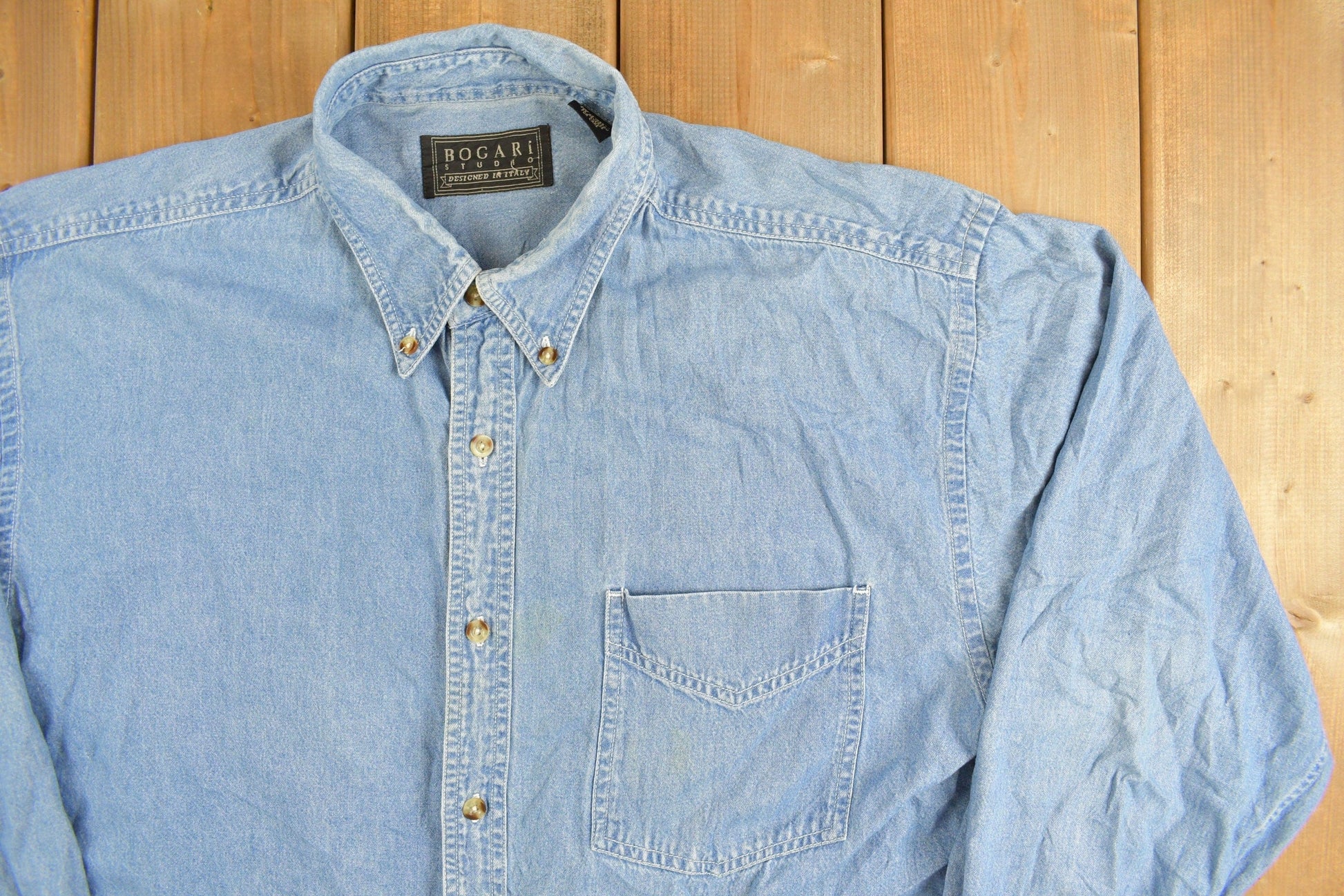 Vintage 1990s Bogari Denim Button Up Shirt Men's Large from propervintagecanada