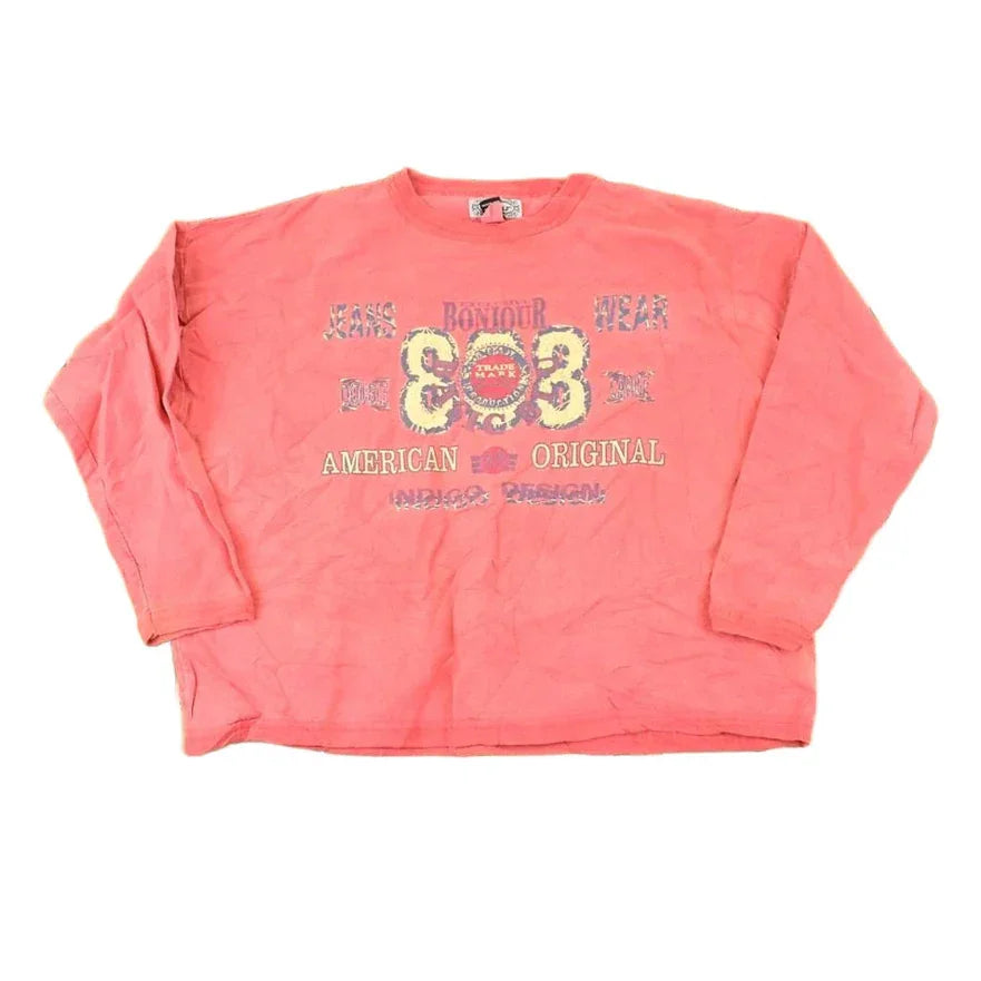 Vintage 1990s Bonjour Indigo Design Graphic Print Crewneck Sweatshirt Womens Cropped XL from propervintagecanada