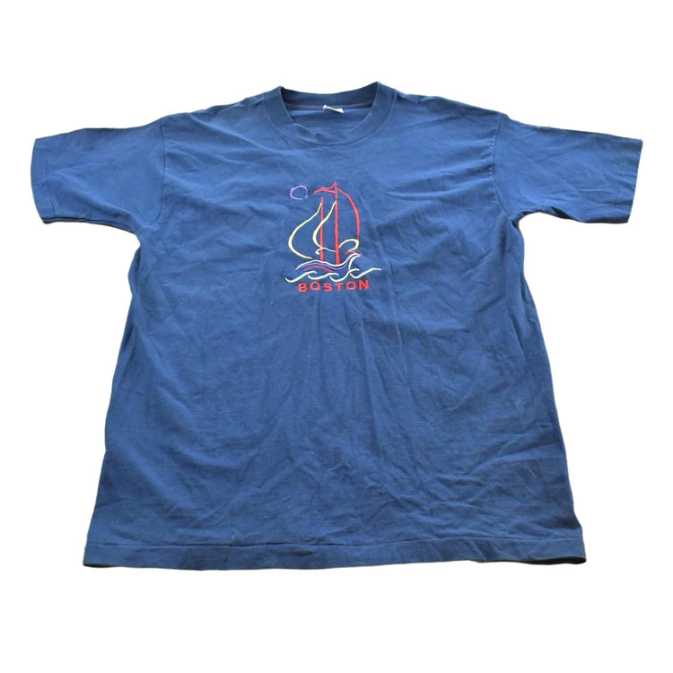 Vintage 1990s Boston Embroidered Sailboat T-Shirt Mens L from propervintagecanada