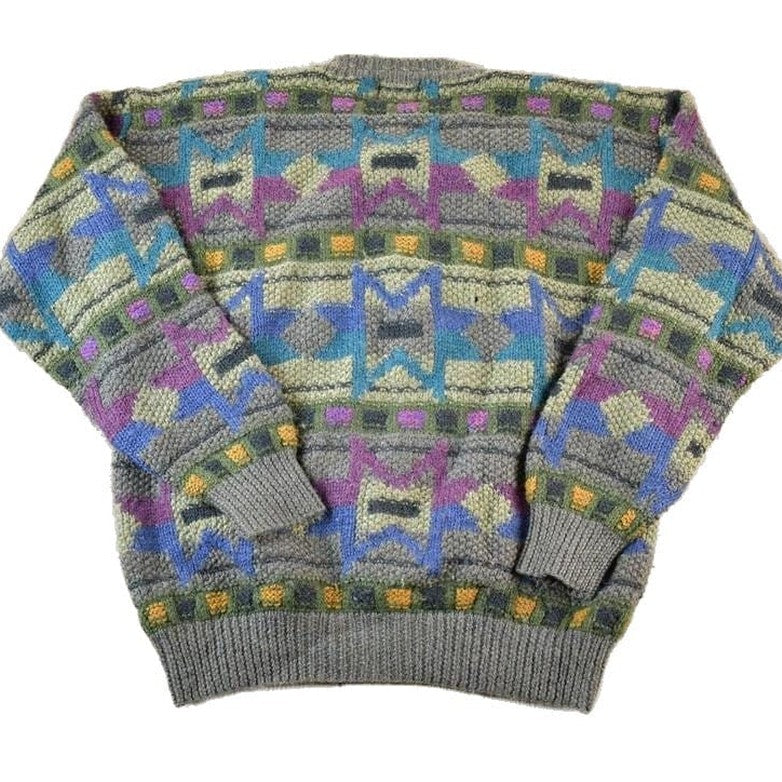 Vintage 1990s Boston Traders 100% Wool Knit Abstract Pattern Crewneck Sweater Men's XL from propervintagecanada