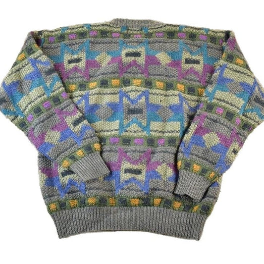 Vintage 1990s Boston Traders 100% Wool Knit Abstract Pattern Crewneck Sweater Men's XL from propervintagecanada