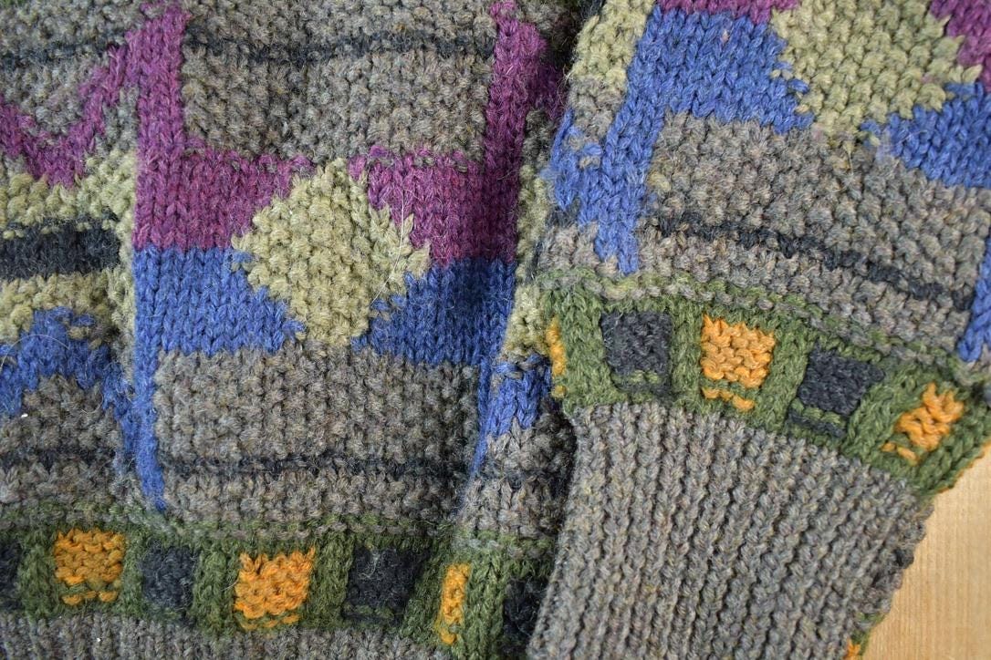 Vintage 1990s Boston Traders 100% Wool Knit Abstract Pattern Crewneck Sweater Men's XL from propervintagecanada