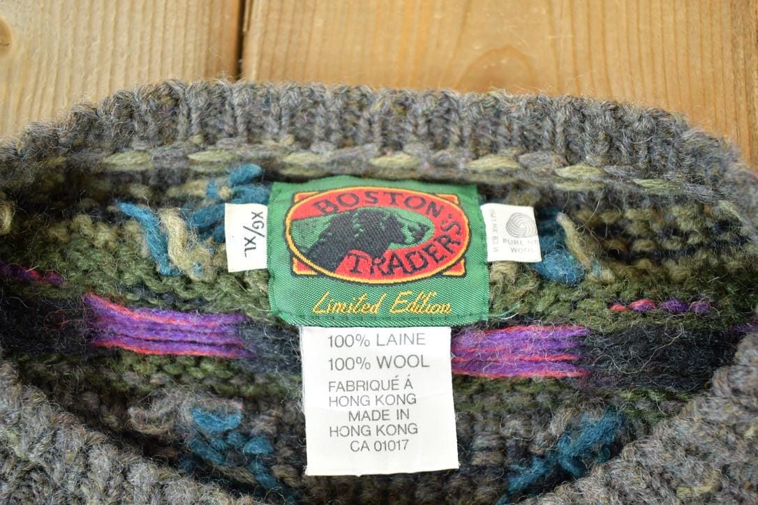Vintage 1990s Boston Traders 100% Wool Knit Abstract Pattern Crewneck Sweater Men's XL from propervintagecanada
