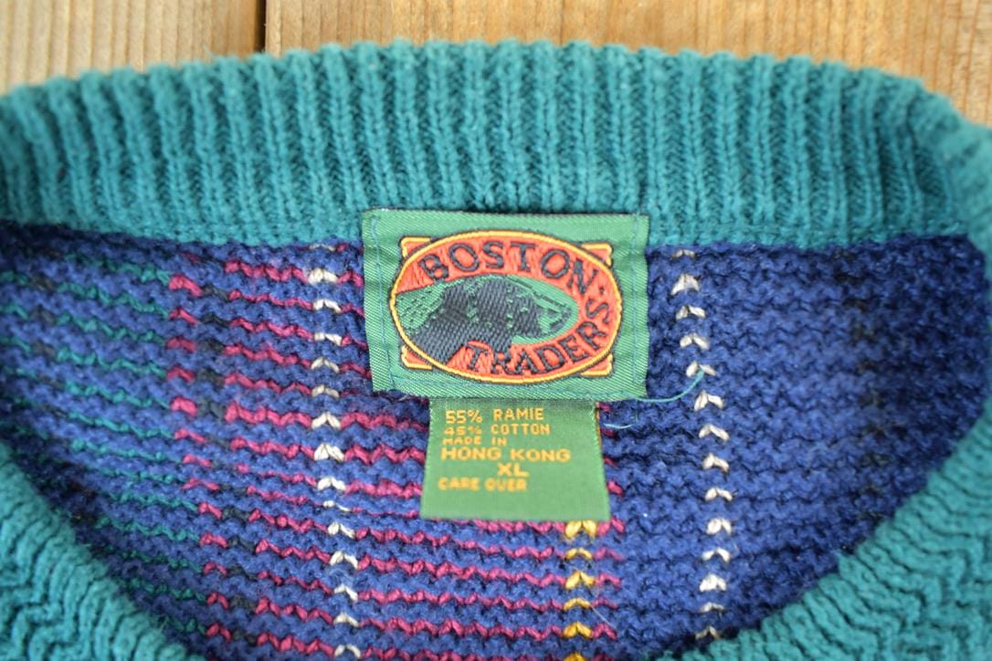 Vintage 1990s Boston Traders Knit Abstract Pattern Crewneck Sweater Mens M from propervintagecanada