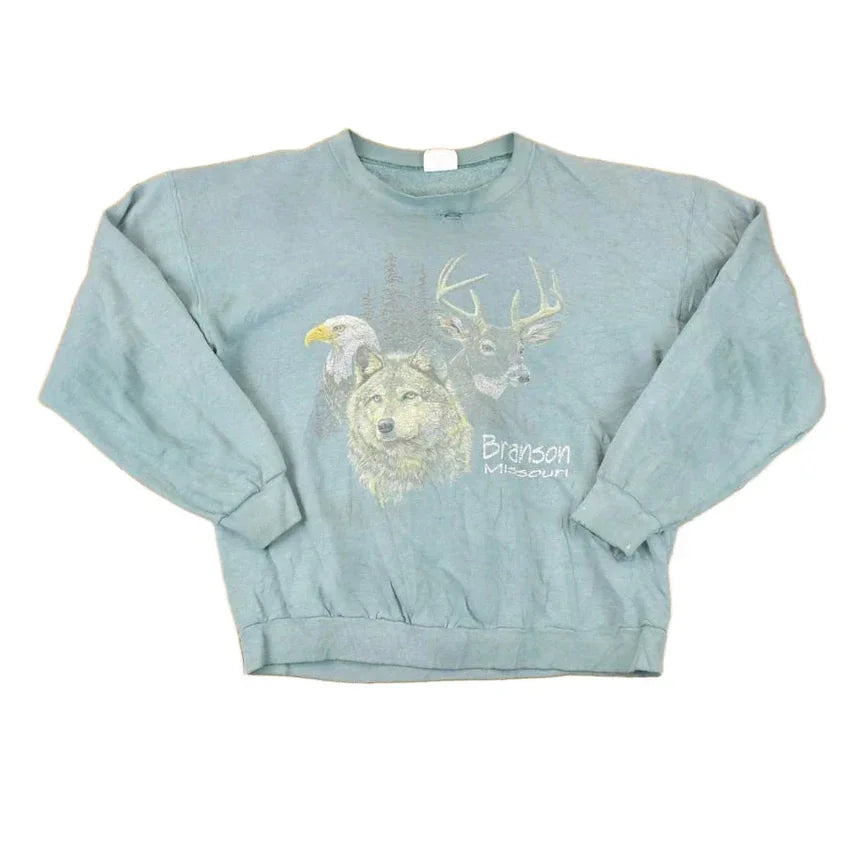 Vintage 1990s Branson Missouri Wolf Hawk And Deer Graphic Print Crewneck Sweatshirt Men's L from propervintagecanada