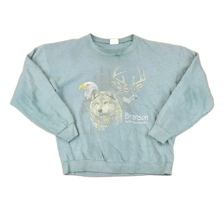 Vintage 1990s Branson Missouri Wolf Hawk And Deer Graphic Print Crewneck Sweatshirt Men's L from propervintagecanada