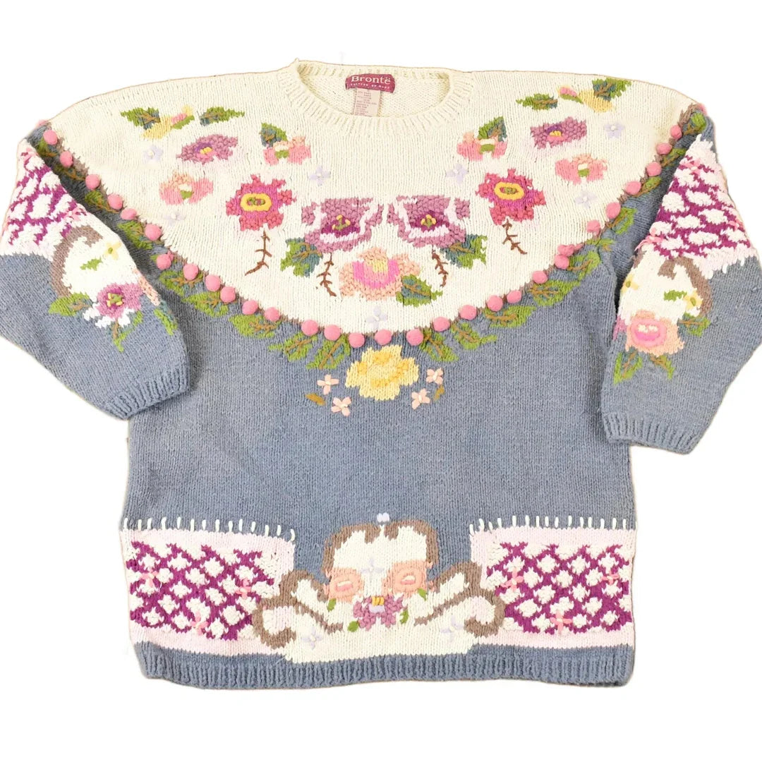 Vintage 1990s Bronte Hand Knit Floral Crewneck Sweater Womens S from propervintagecanada