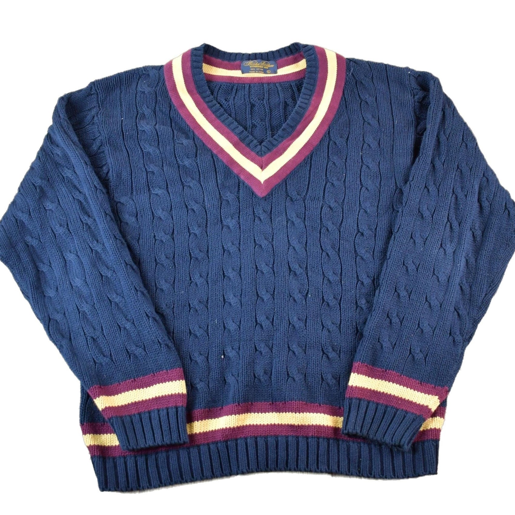 Vintage 1990s Brooks Brothers Preppy V Neck 3D Colored Cable Knit Sweater Men's XL from propervintagecanada