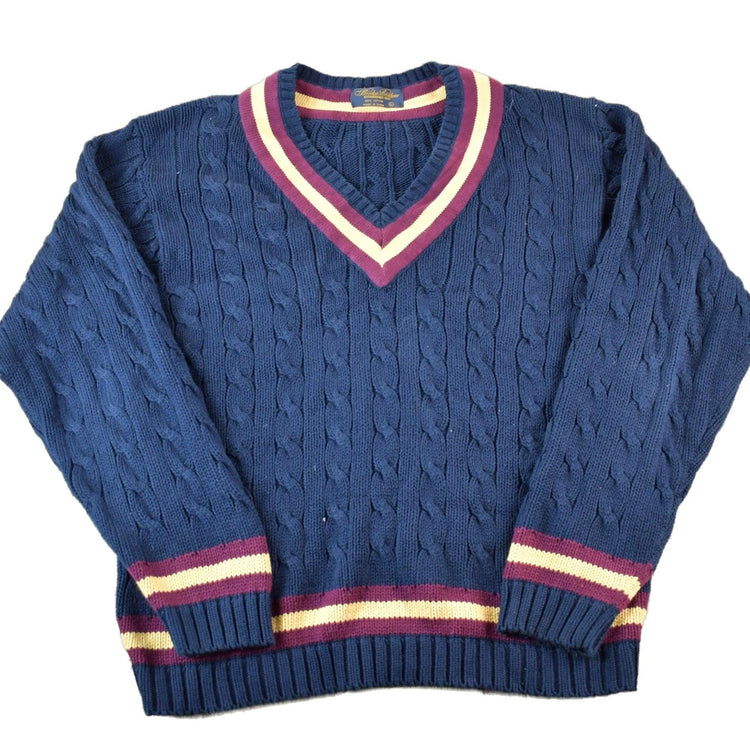 Vintage 1990s Brooks Brothers Preppy V Neck 3D Colored Cable Knit Sweater Men's XL from propervintagecanada