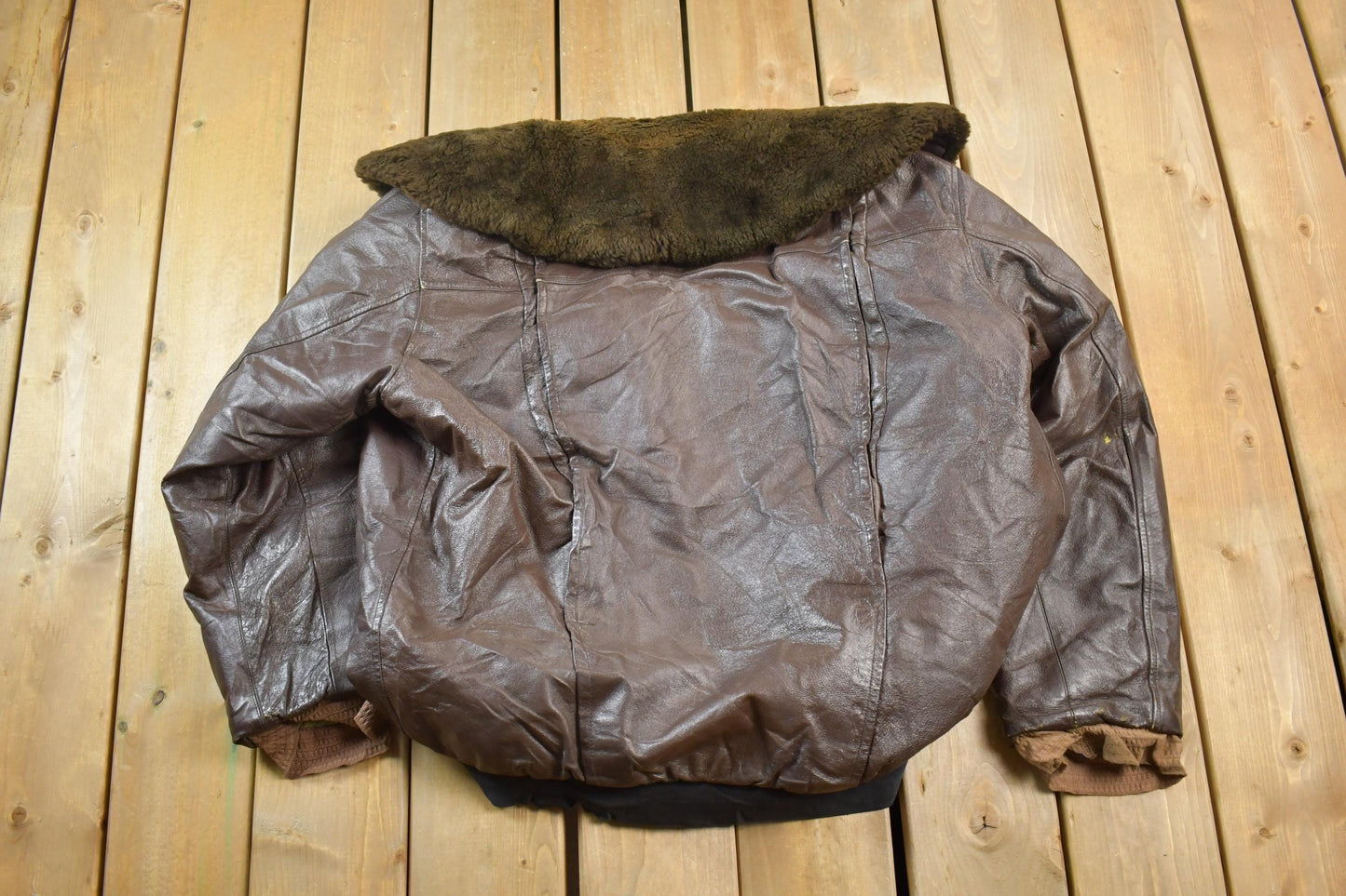Vintage 1990s Brown Leather Bomber Shearling Collar Jacket Made In USA from propervintagecanada