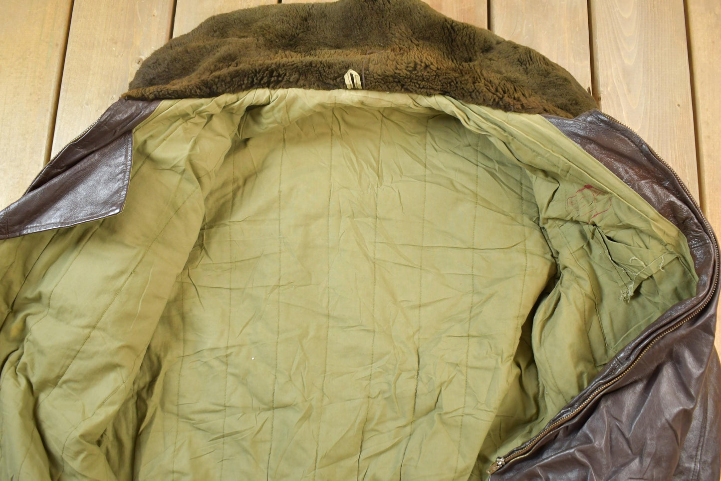 Vintage 1990s Brown Leather Bomber Shearling Collar Jacket Made In USA from propervintagecanada