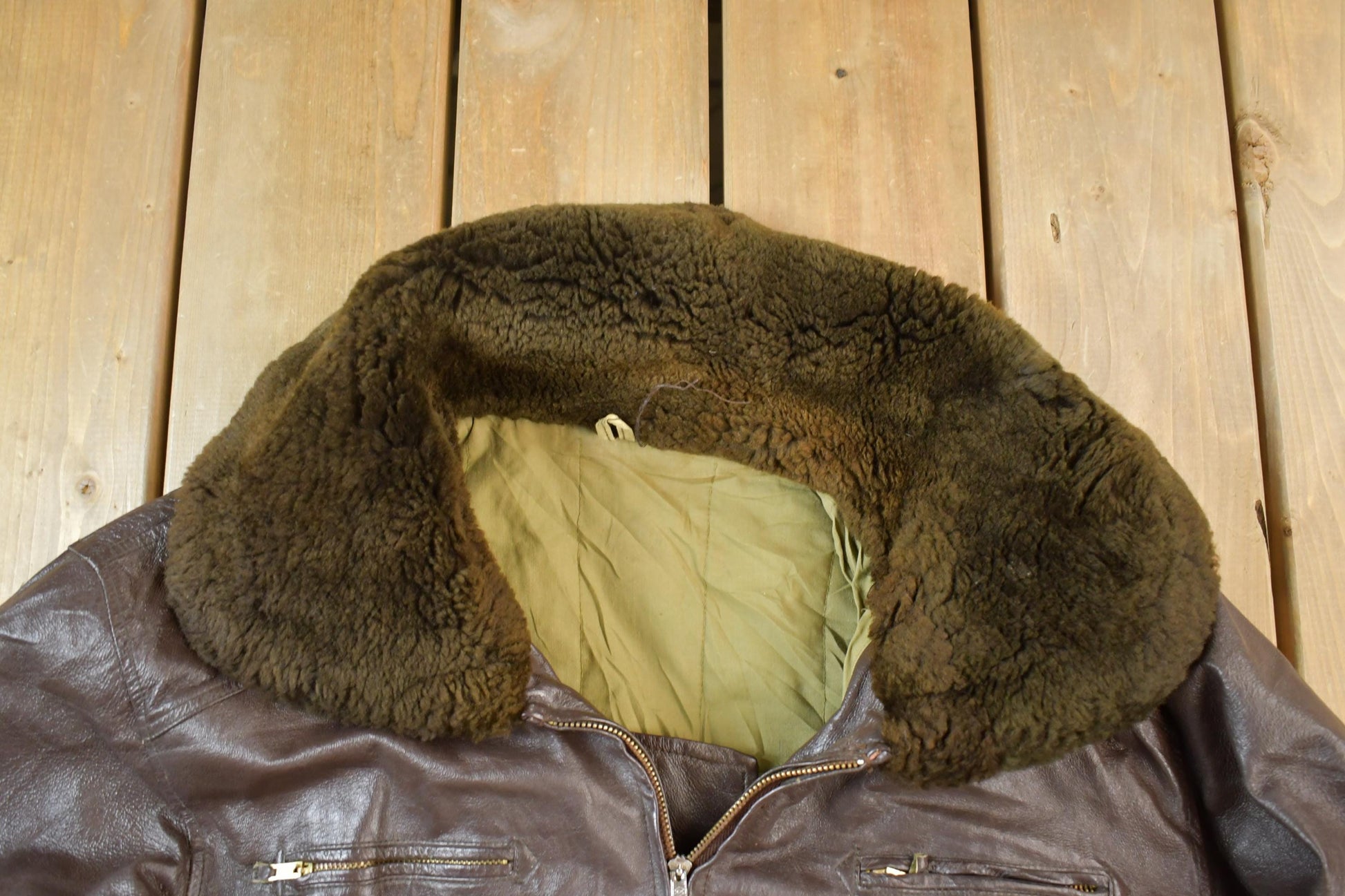 Vintage 1990s Brown Leather Bomber Shearling Collar Jacket Made In USA from propervintagecanada