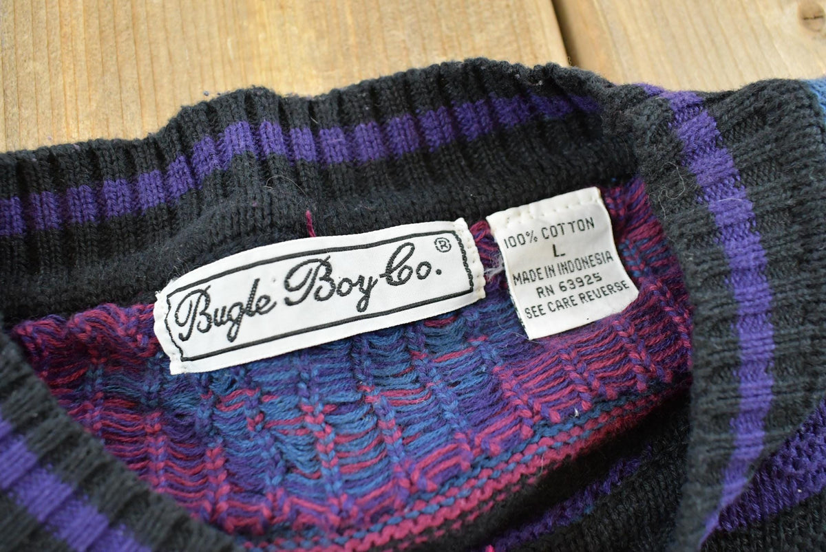 Vintage 1990s Bugle Boy Abstract Striped Knit Crewneck Sweater Men's L / 90s Streetwear / Basic Layering Essential from propervintagecanada