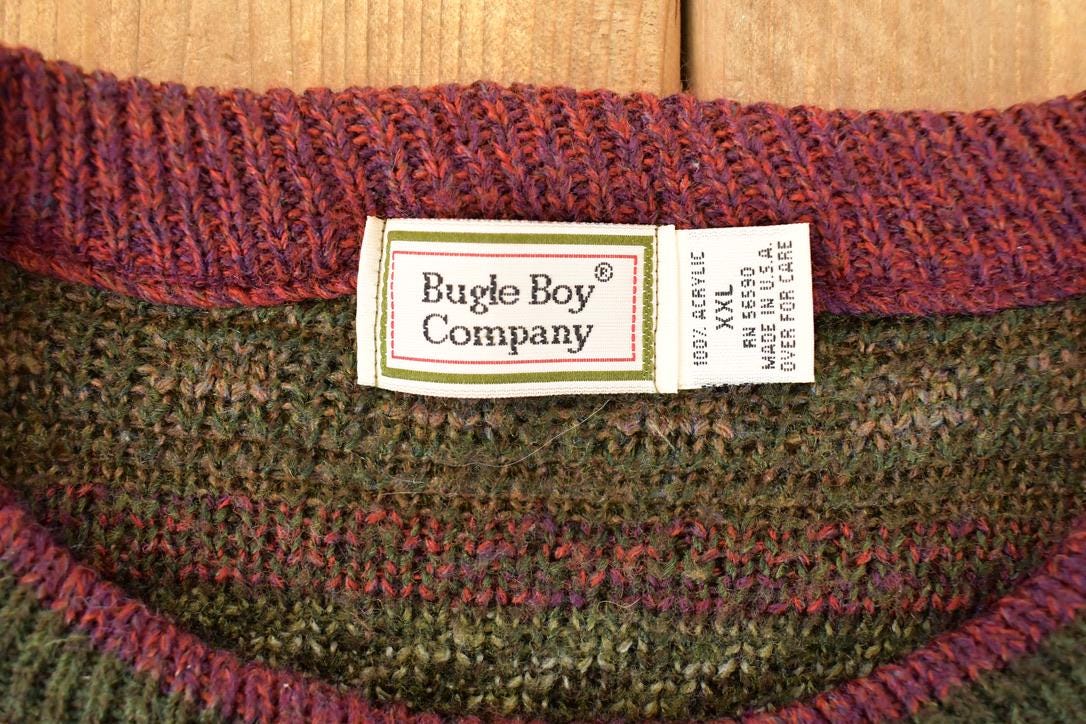 Vintage 1990s Bugle Boy Abstract Striped Knit Crewneck Sweater Men's XL from propervintagecanada
