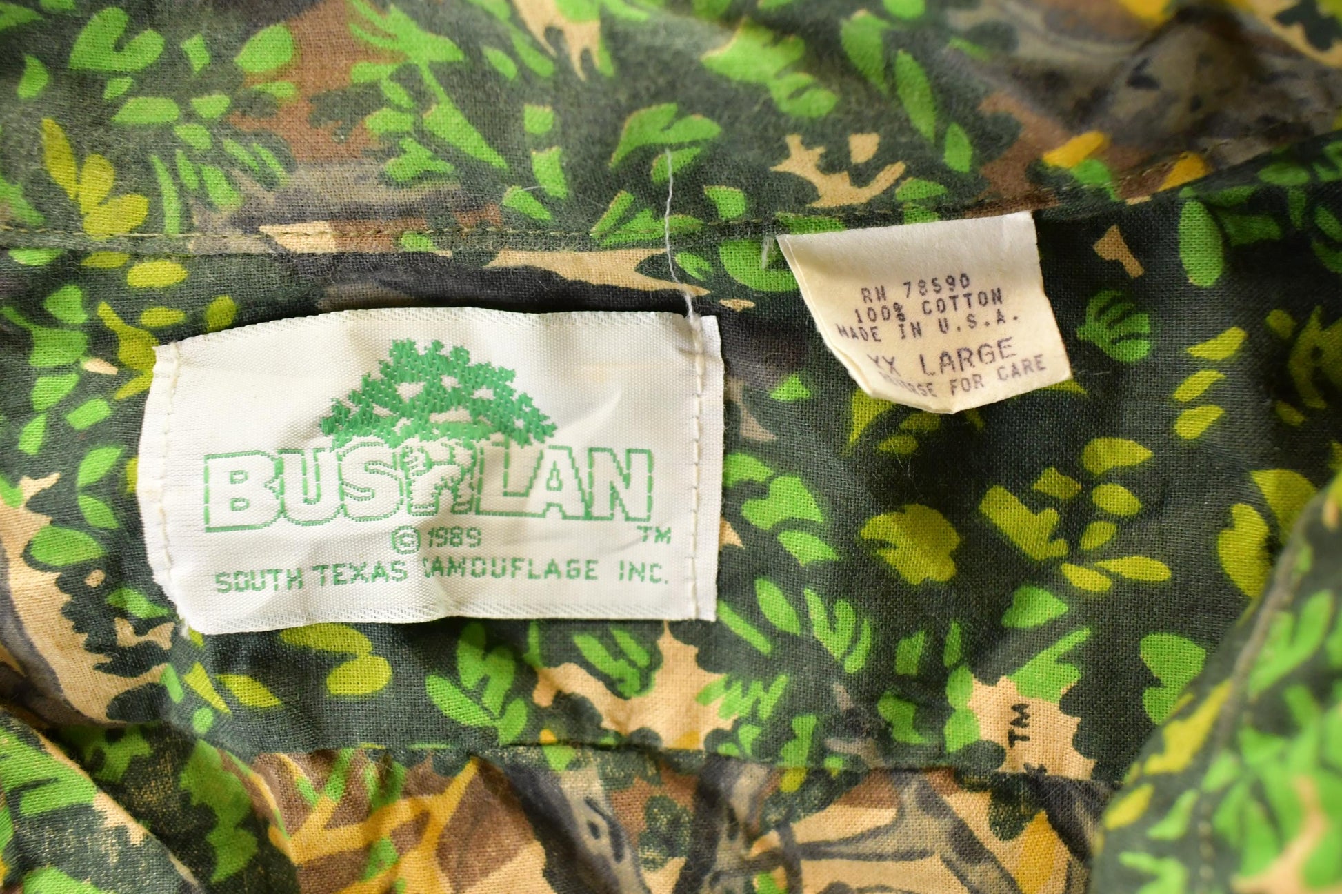 Vintage 1990s Bushlan AOP Woodland Camo Button Up Shirt Mens L from propervintagecanada