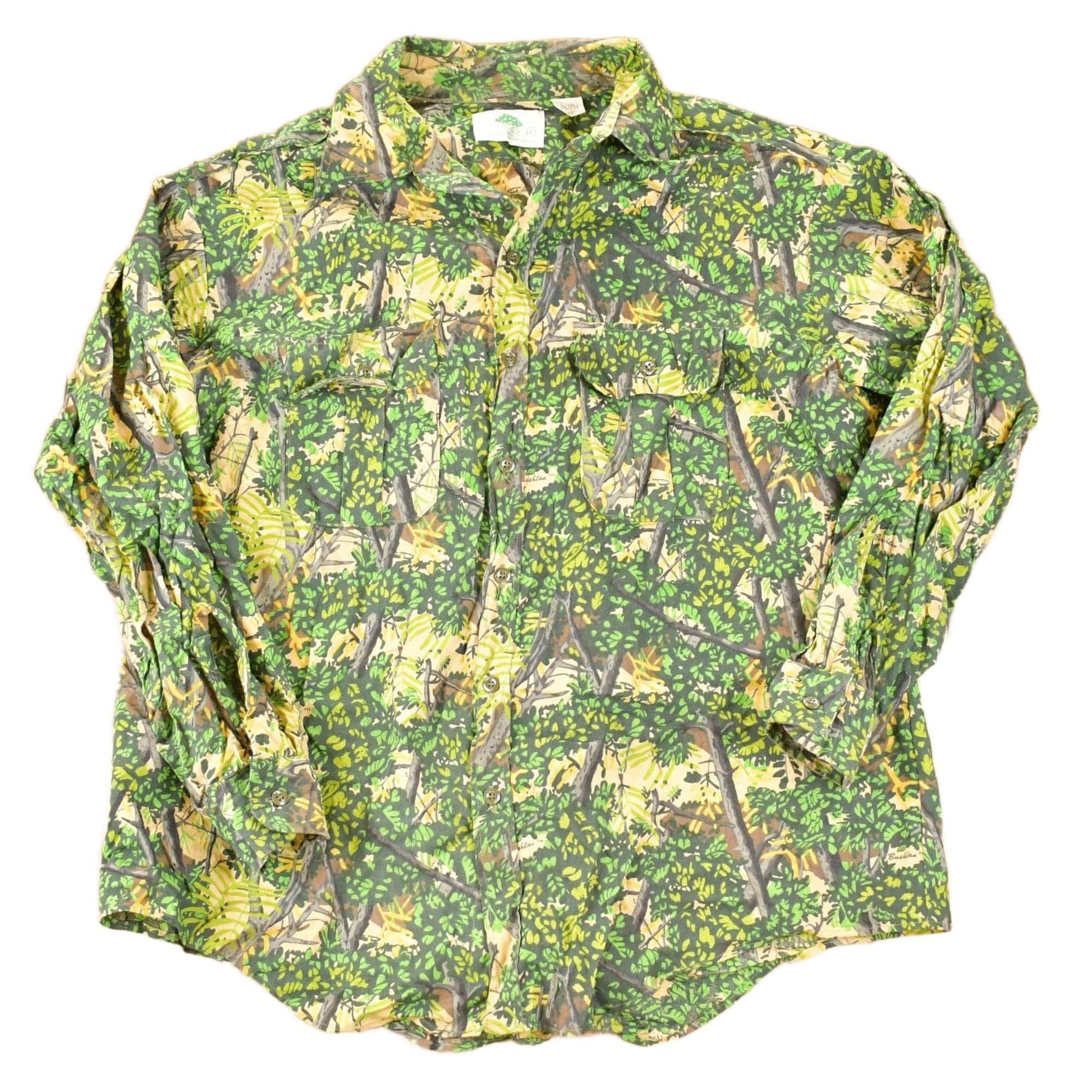 Vintage 1990s Bushlan AOP Woodland Camo Button Up Shirt Mens L from propervintagecanada
