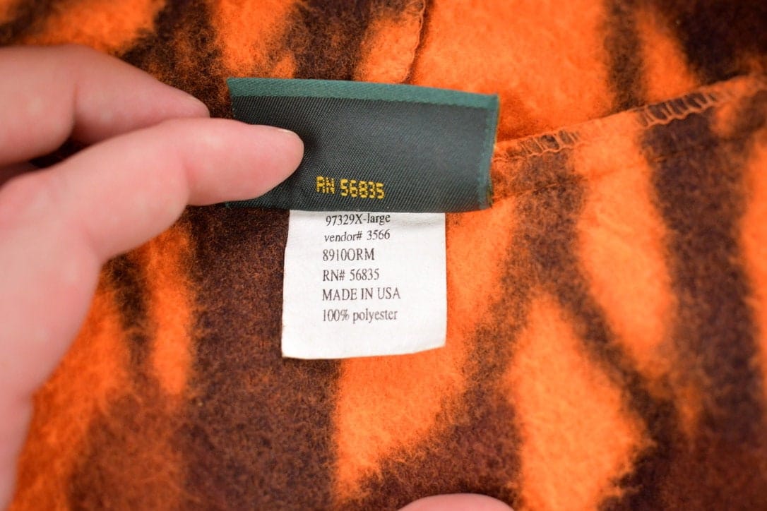 Vintage 1990s Cabela's Orange Camo Fleece Zip Up Hoodie Men's Large from propervintagecanada