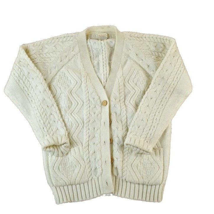 Vintage 1990s Cable Knit Perfect Mild Distress Cream Cardigan Sweater Made In USA from propervintagecanada