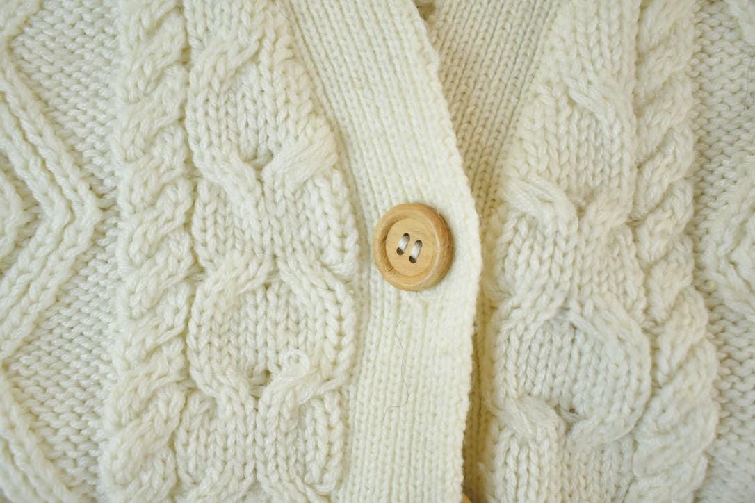 Vintage 1990s Cable Knit Perfect Mild Distress Cream Cardigan Sweater Made In USA from propervintagecanada