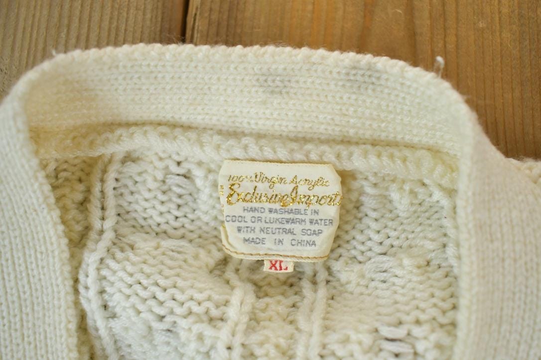 Vintage 1990s Cable Knit Perfect Mild Distress Cream Cardigan Sweater Made In USA from propervintagecanada