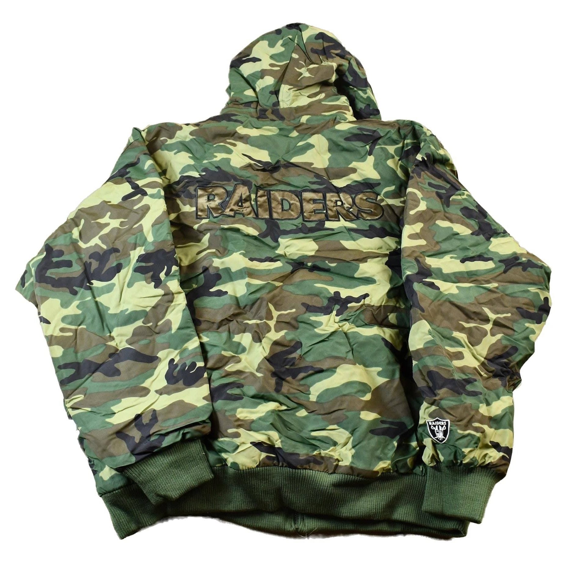 Vintage 1990s Camo Raiders NFL Football Hooded Puffer Jacket Men's 3XL from propervintagecanada