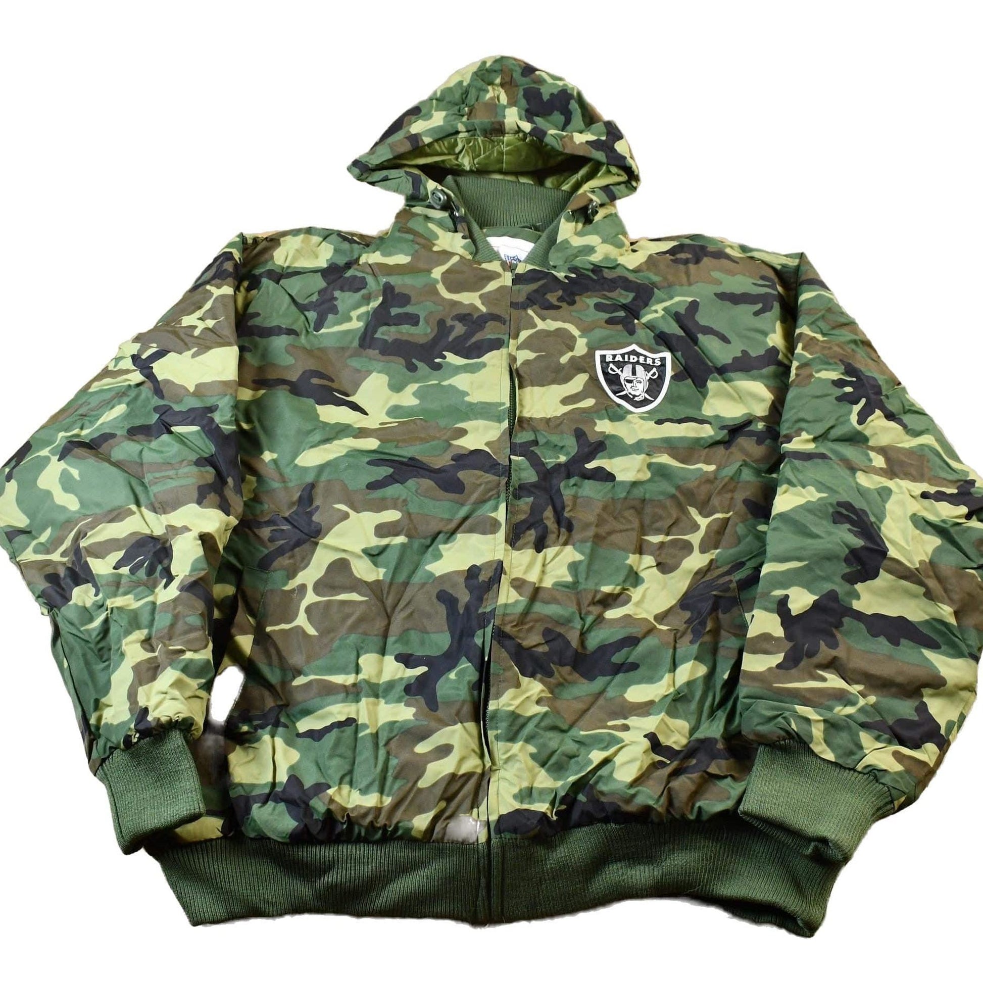 Vintage 1990s Camo Raiders NFL Football Hooded Puffer Jacket Men's 3XL from propervintagecanada