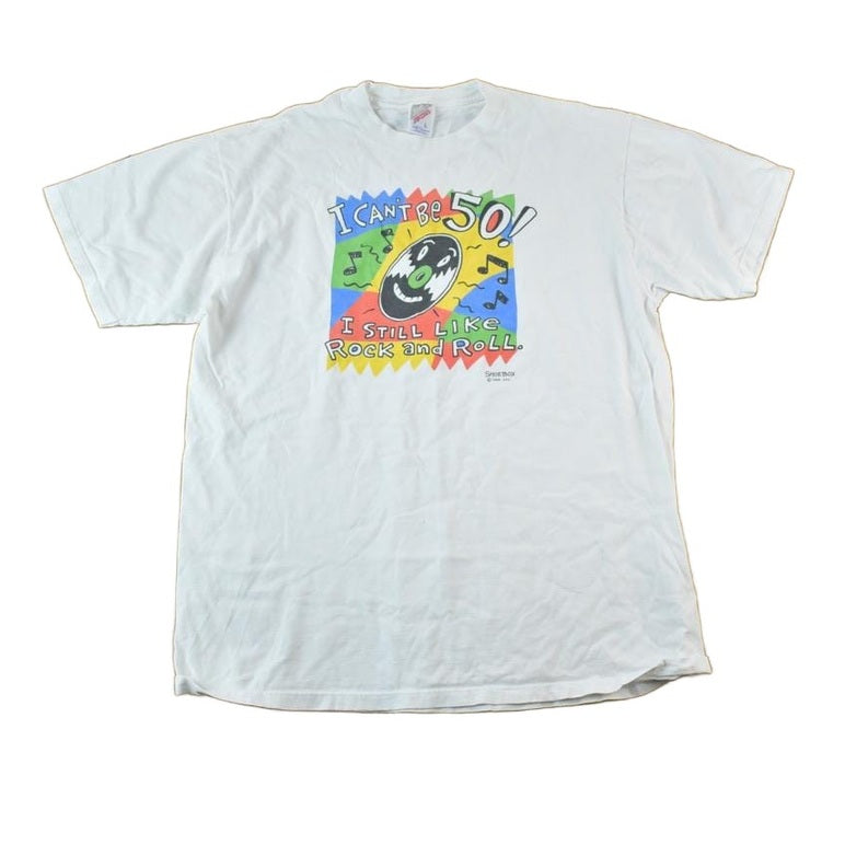Vintage 1990s Can't Be 50 Rock And Roll Souvenir Single Stitch Graphic Print T-Shirt Men's Large from propervintagecanada