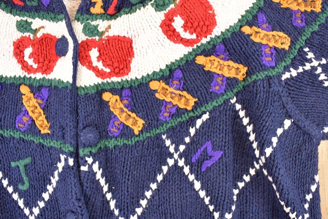 Vintage 1990s Cape Isle Knitters Apple Hand Knit Cardigan Sweater Women's L from propervintagecanada
