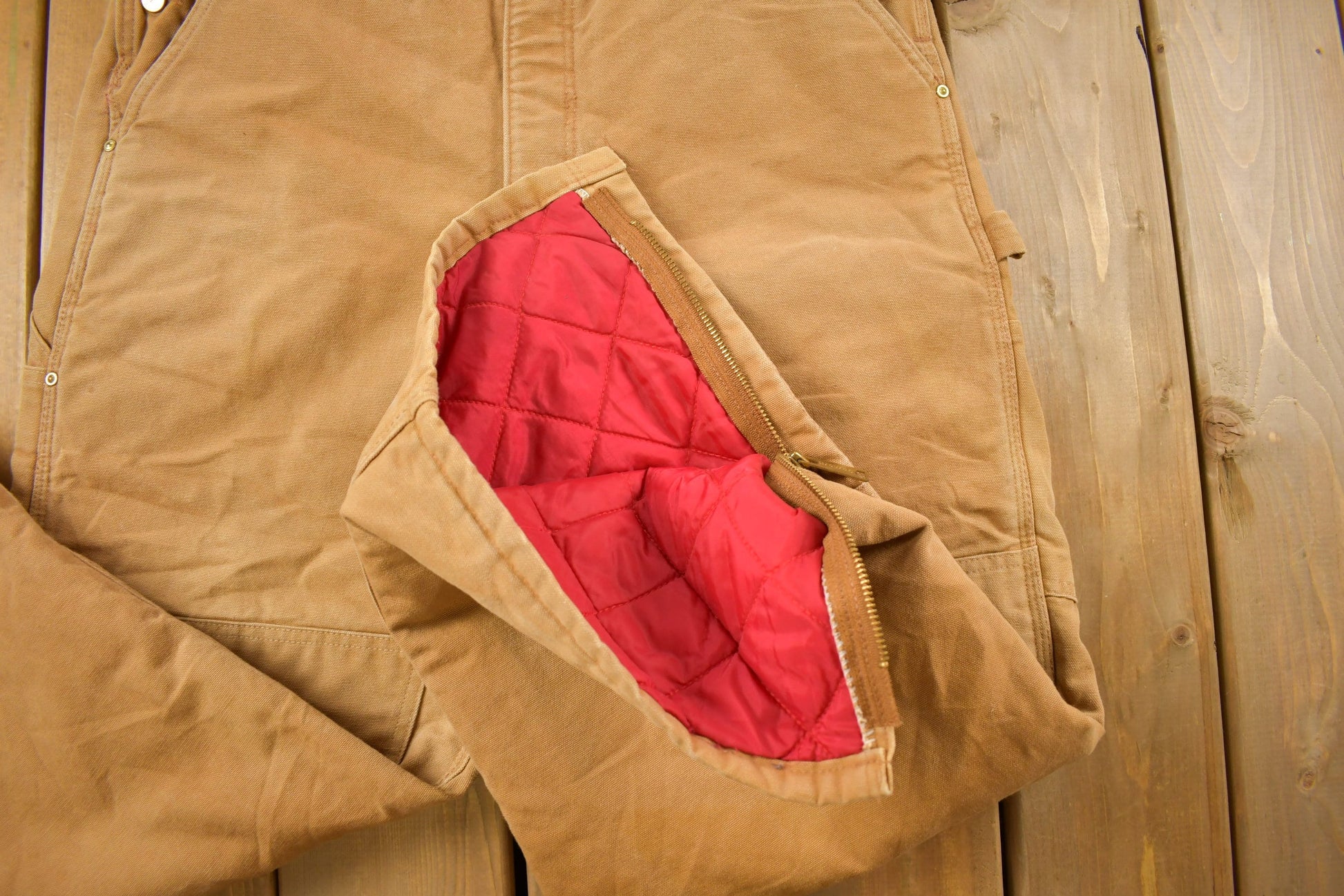 Vintage 1990s Carhartt Beige Double Knee Canvas Quilted Overalls Men's 38 x 30 from propervintagecanada