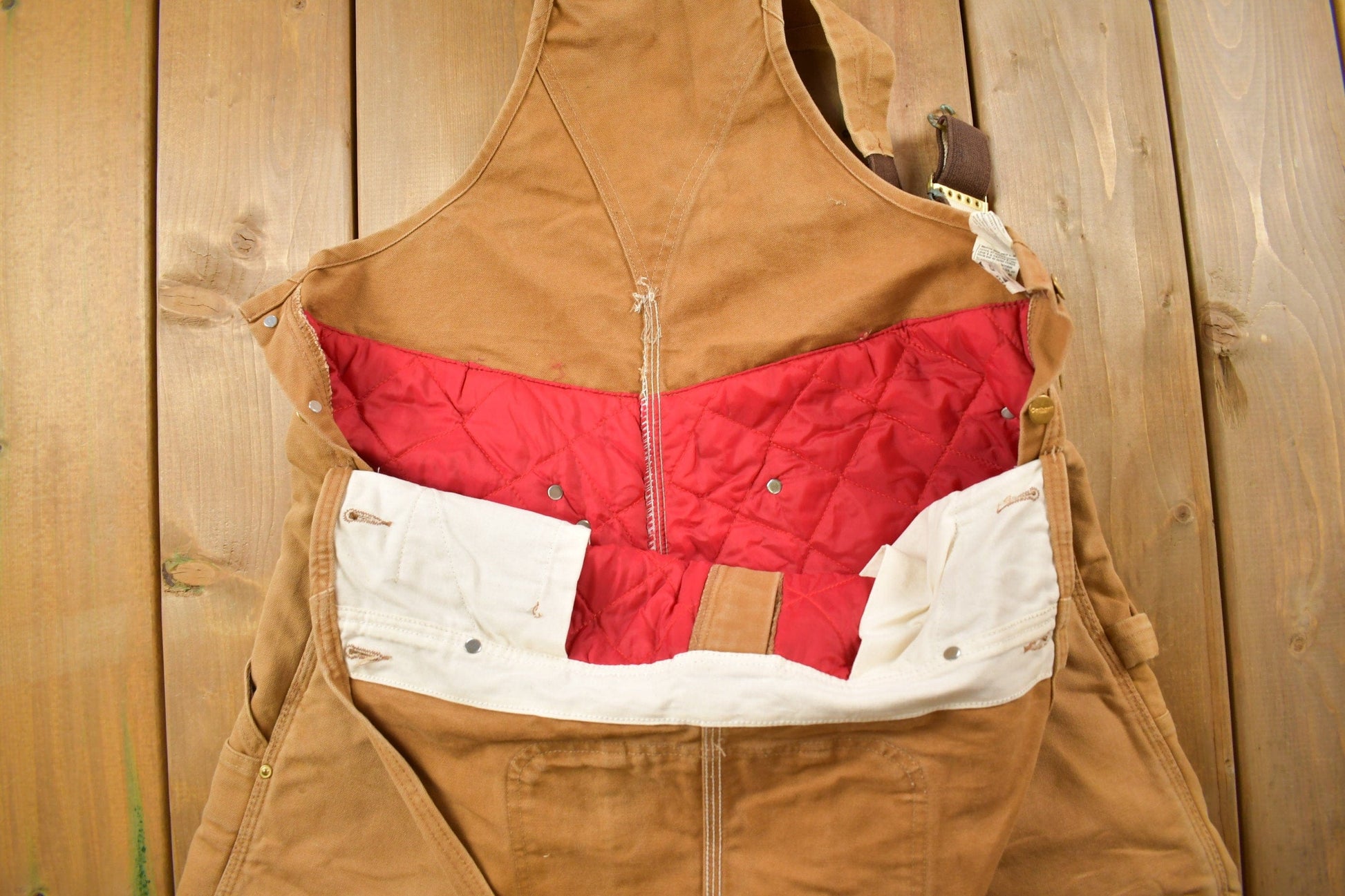 Vintage 1990s Carhartt Beige Double Knee Canvas Quilted Overalls Men's 38 x 30 from propervintagecanada