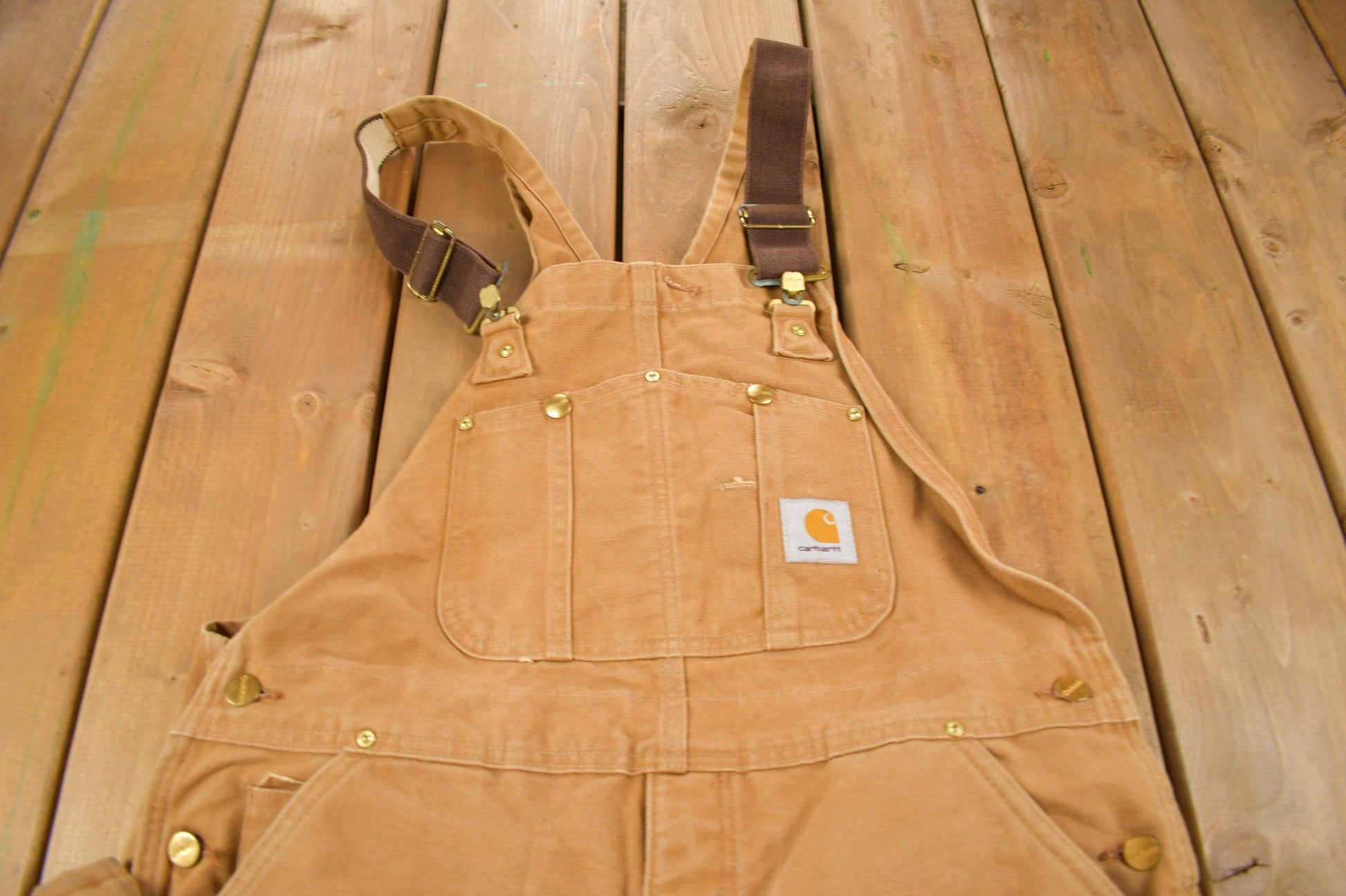 Vintage 1990s Carhartt Beige Double Knee Canvas Quilted Overalls Men's 38 x 30 from propervintagecanada