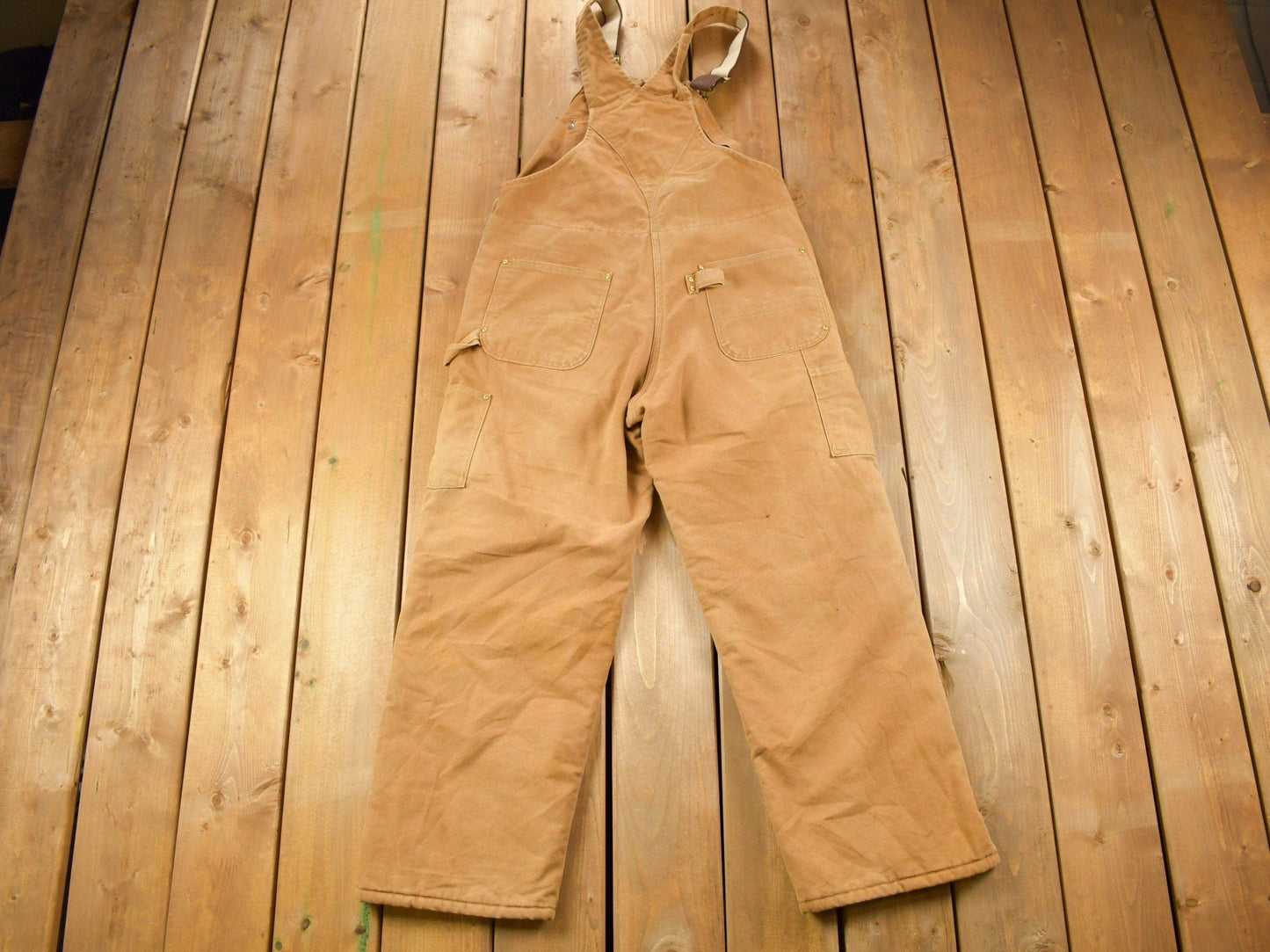 Vintage 1990s Carhartt Beige Double Knee Canvas Quilted Overalls Men's 38 x 30 from propervintagecanada