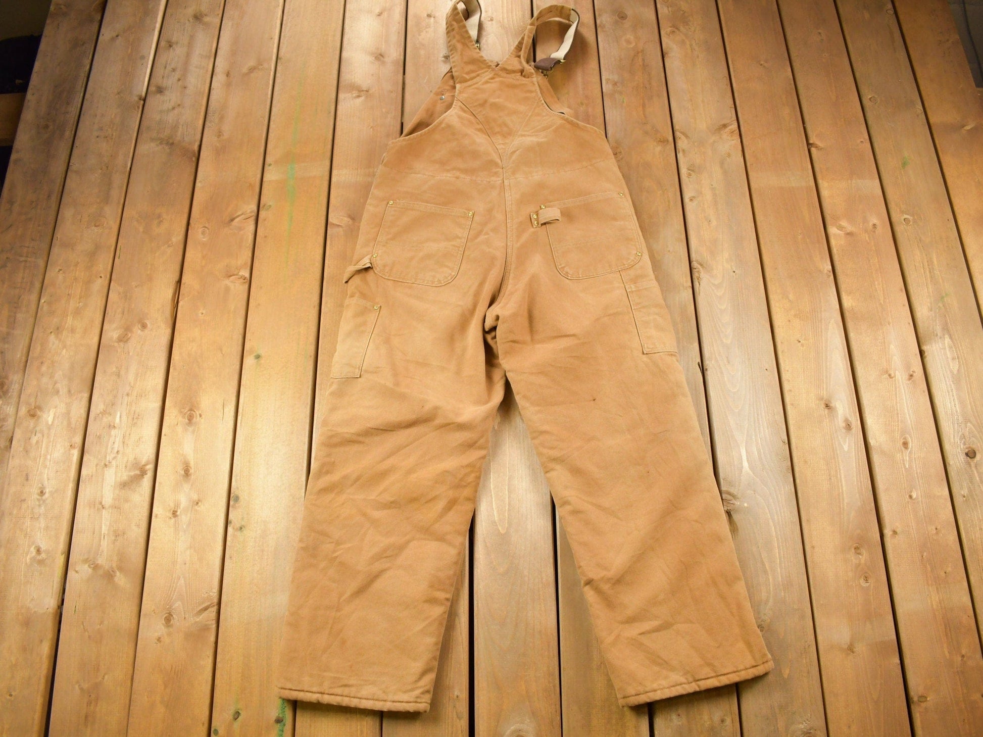 Vintage 1990s Carhartt Beige Double Knee Canvas Quilted Overalls Men's 38 x 30 from propervintagecanada