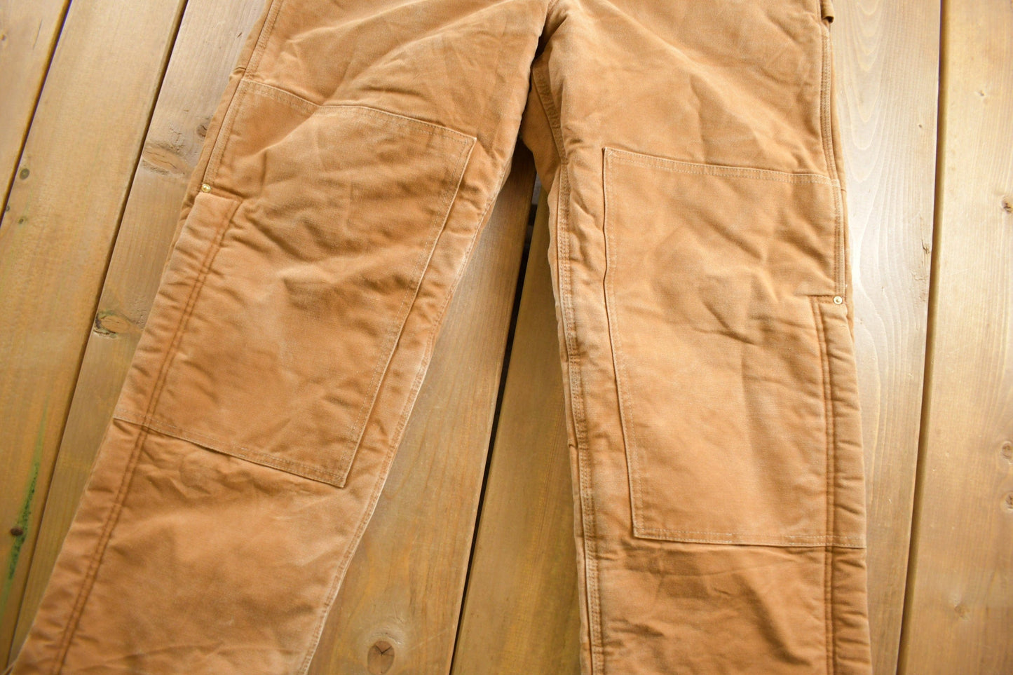 Vintage 1990s Carhartt Beige Double Knee Canvas Quilted Overalls Men's 38 x 30.5 from propervintagecanada