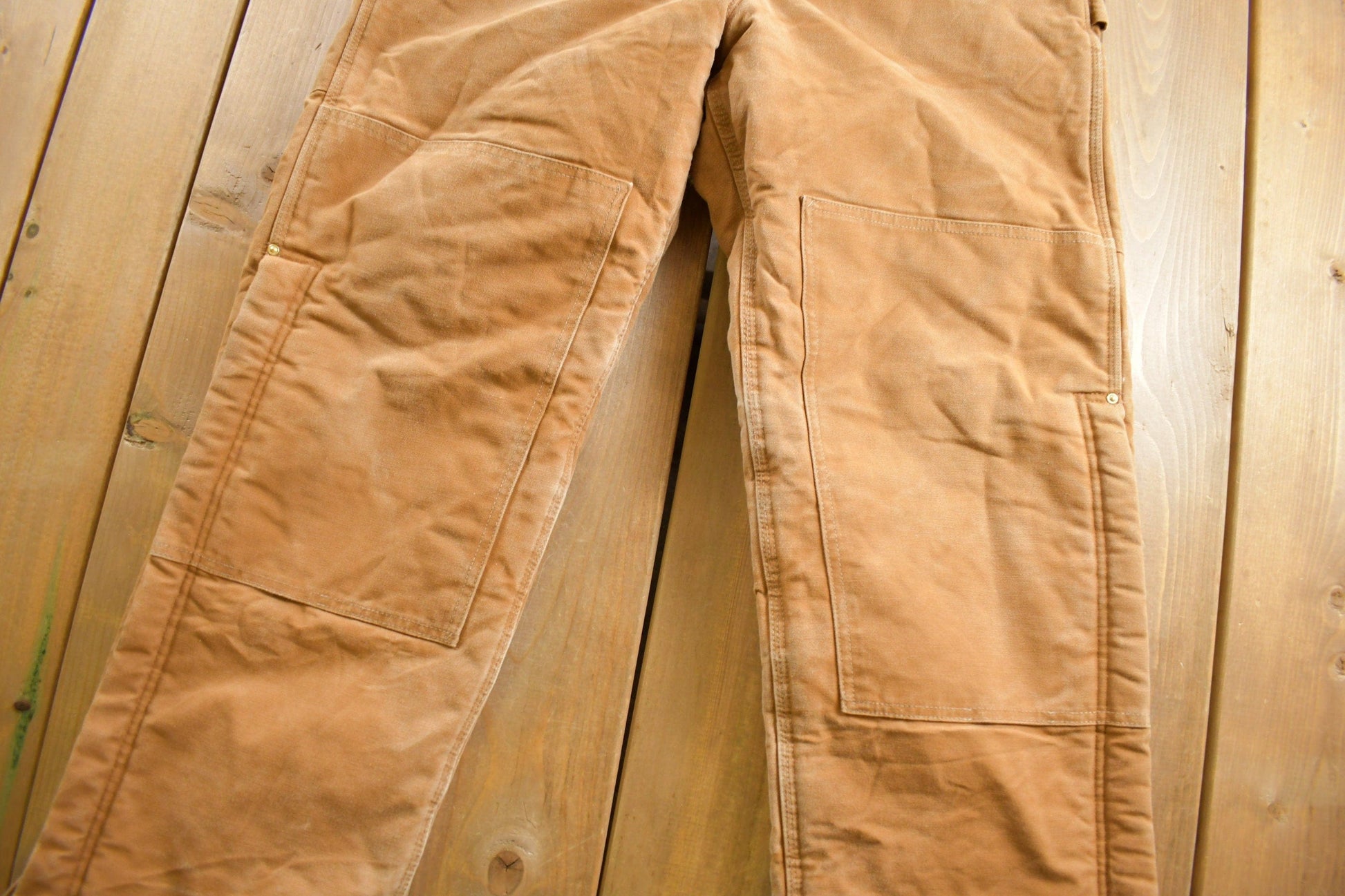 Vintage 1990s Carhartt Beige Double Knee Canvas Quilted Overalls Men's 38 x 30.5 from propervintagecanada
