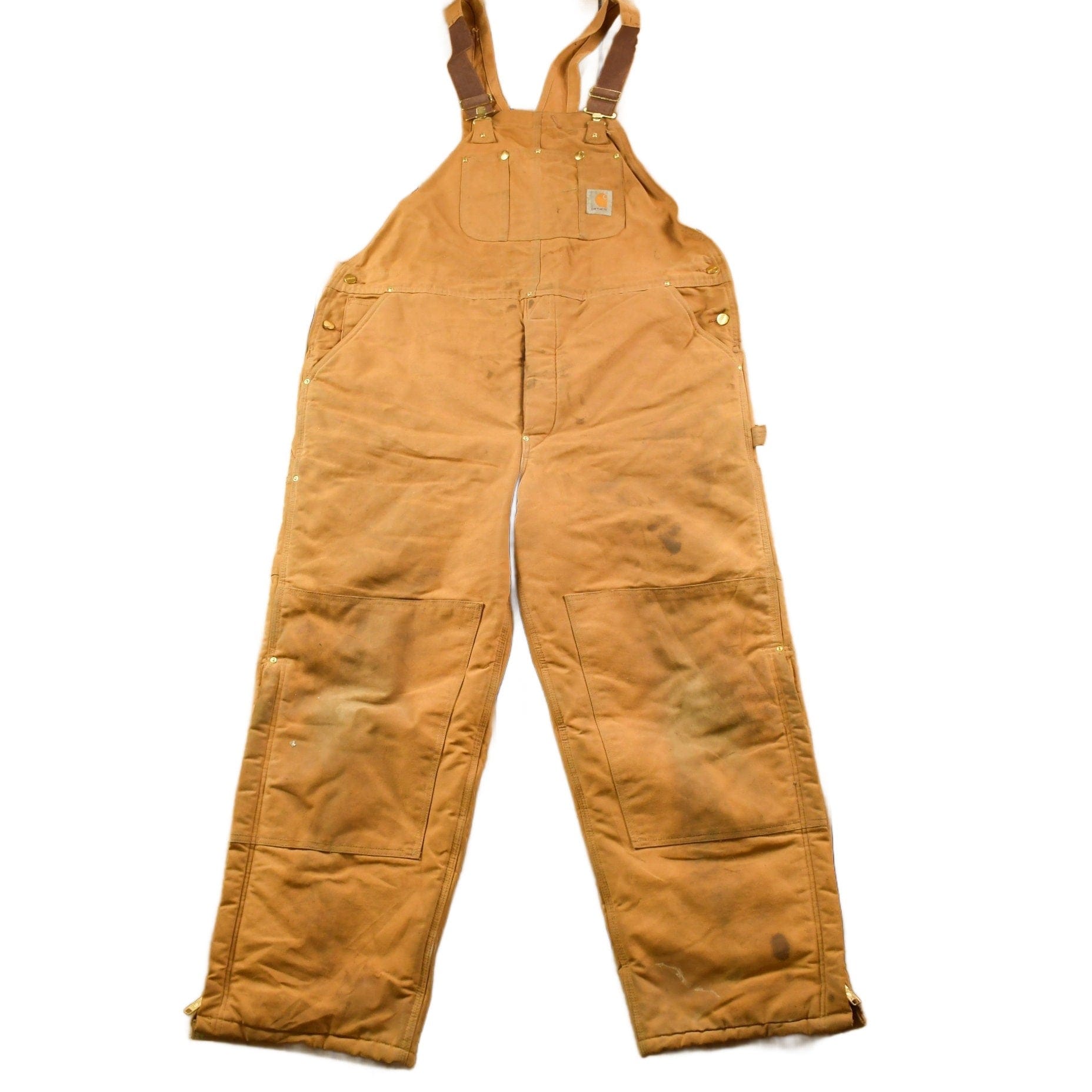 Vintage 1990s Carhartt Beige Double Knee Canvas Quilted Overalls Men's 44 x 30 from propervintagecanada