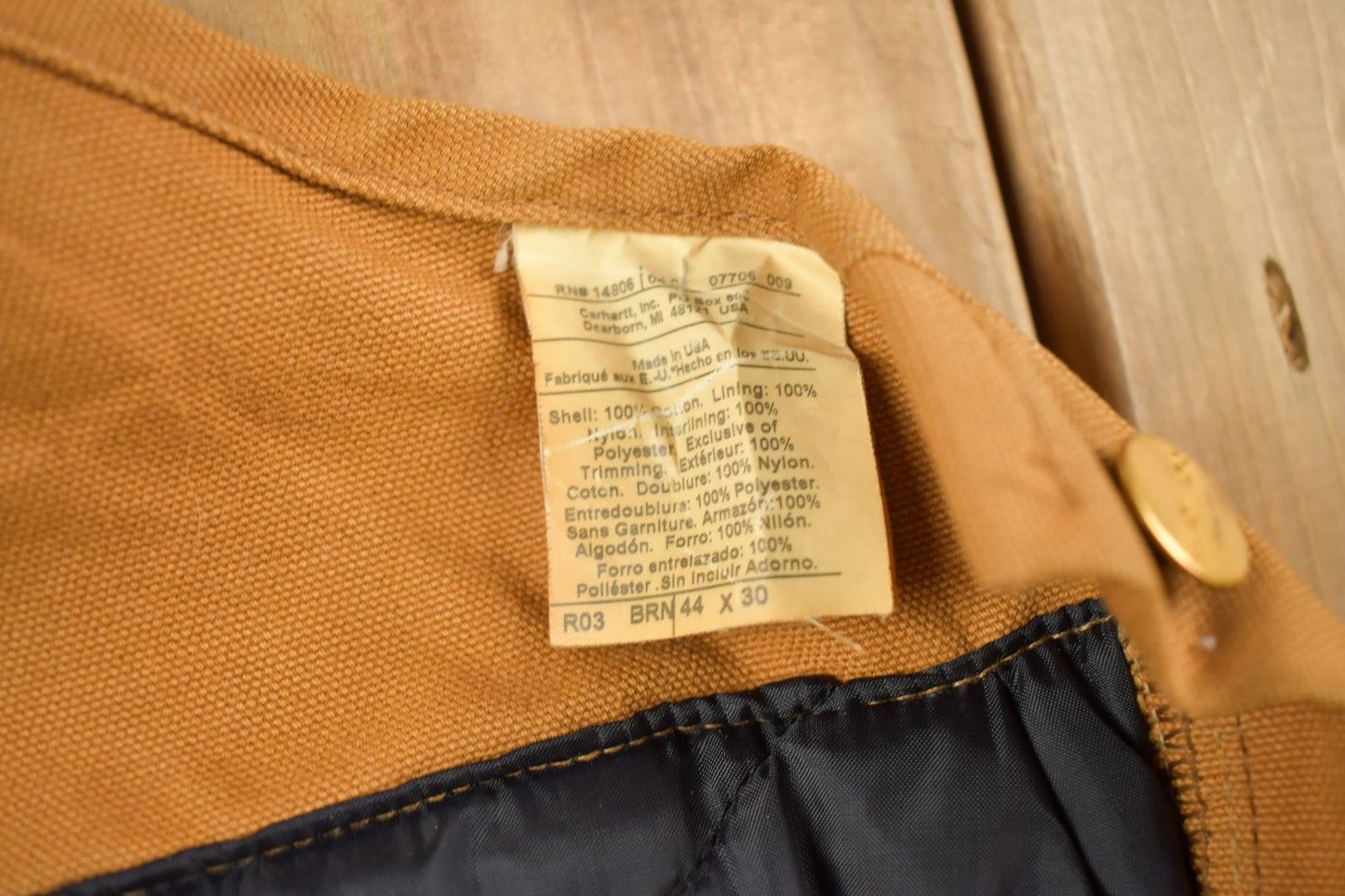 Vintage 1990s Carhartt Beige Double Knee Canvas Quilted Overalls Men's 44 x 30 from propervintagecanada
