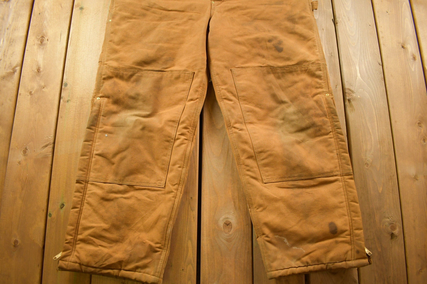Vintage 1990s Carhartt Beige Double Knee Canvas Quilted Overalls Men's 44 x 30 from propervintagecanada
