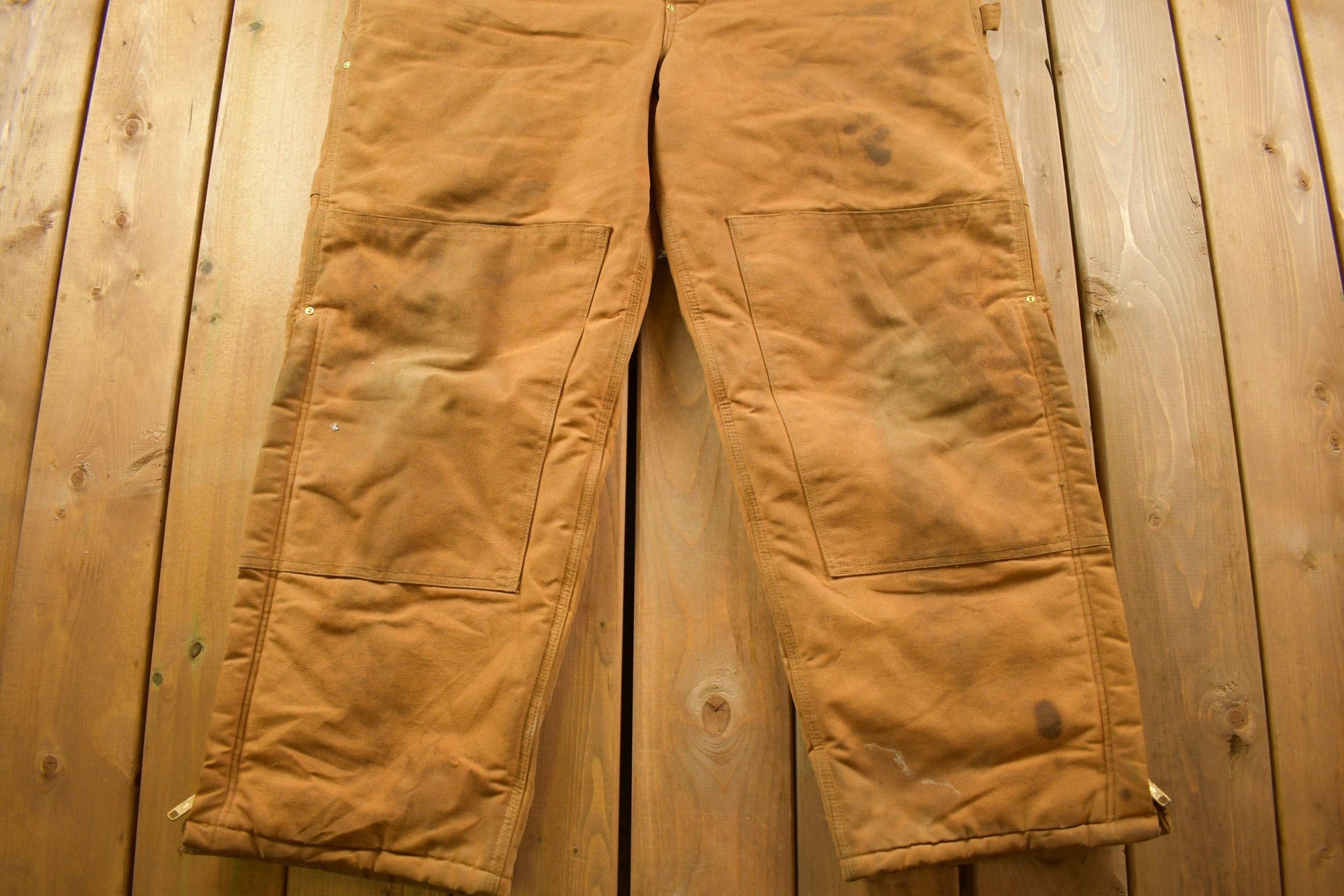 Vintage 1990s Carhartt Beige Double Knee Canvas Quilted Overalls Men's 44 x 30 from propervintagecanada