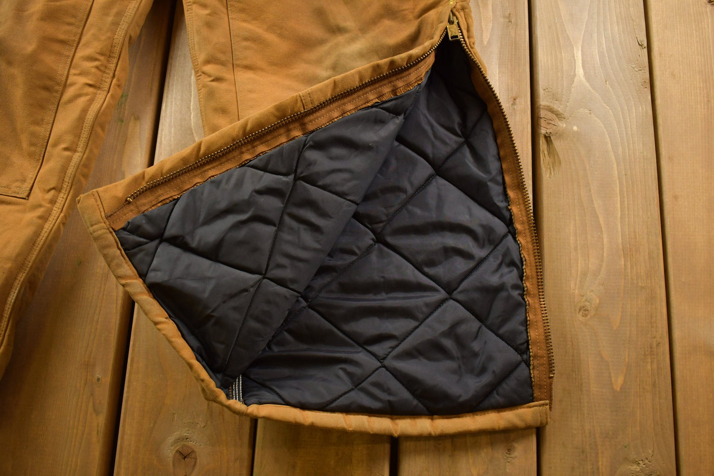 Vintage 1990s Carhartt Beige Double Knee Canvas Quilted Overalls Men's 44 x 30 from propervintagecanada