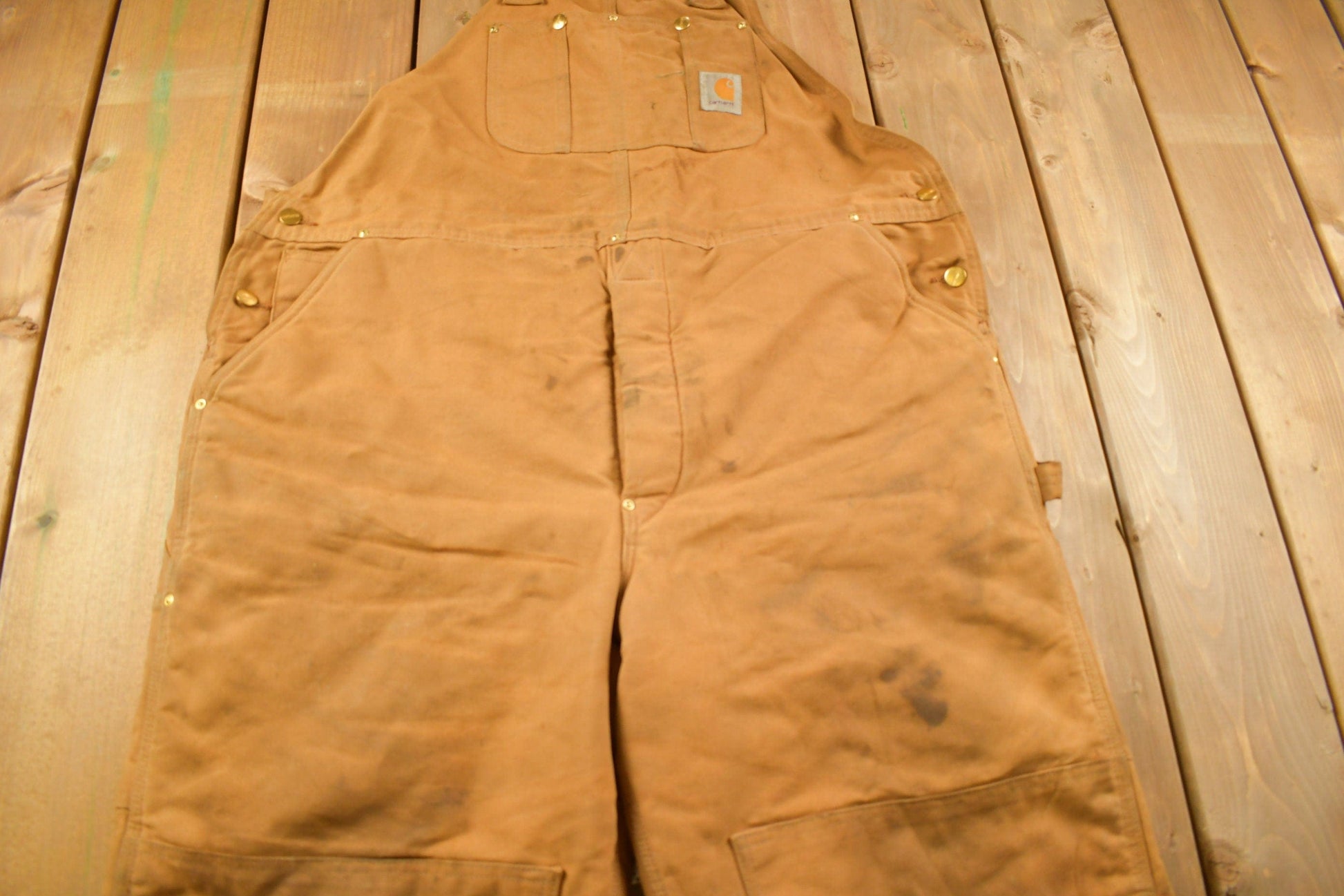 Vintage 1990s Carhartt Beige Double Knee Canvas Quilted Overalls Men's 44 x 30 from propervintagecanada